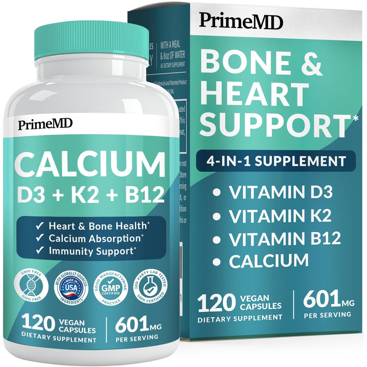 4-in-1 Calcium Supplements for Women and Men - Calcium 600mg with Vitamin D3 K2 5000 IU Supplement for Heart, Bone and Body Defenses - Gluten-Free, Vegan-Friendly (120 ct)