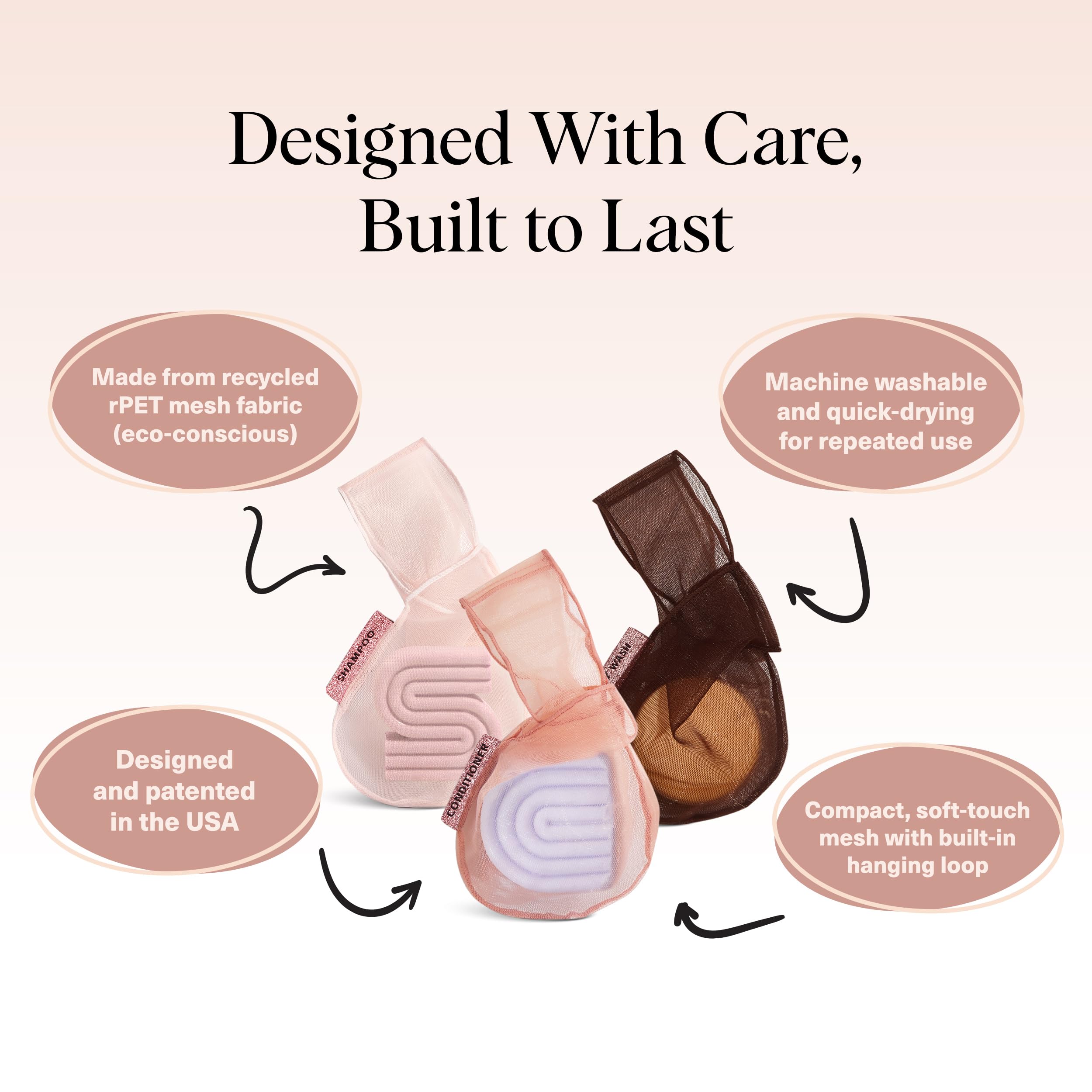 Kitsch Bar Soap Saver Bag – Recycled Mesh Beauty Bar Pouch for Body Wash, Conditioner & Shampoo Bars, Holder to Preserve Soap, Eco-Friendly, Patented Bag, 3pc Set - Blush, Terracotta & Chocolate