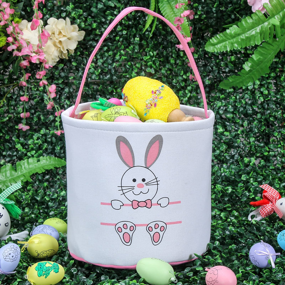 Easter Bunny Basket Egg Bags for Kids,Canvas Cotton Personalized Candy Egg Basket Rabbit Print Buckets with Fluffy Tail Gifts Bags for Easter……