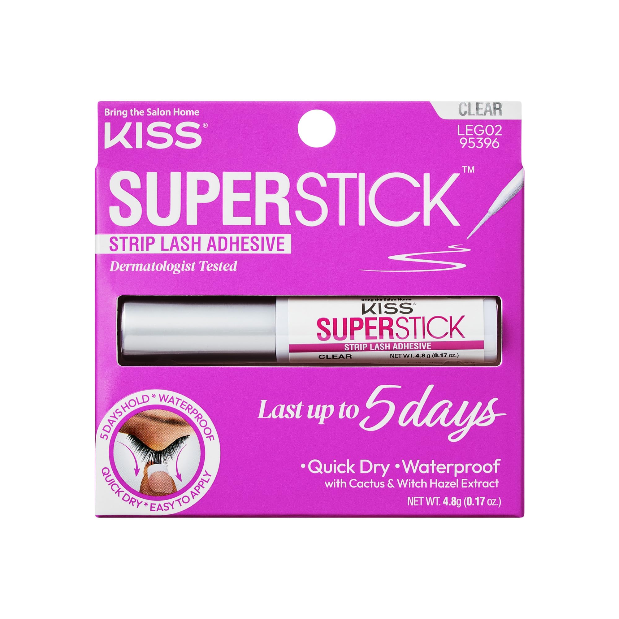 KISS Super Stick 5-Day Extended Wear Strip Lash Adhesive, Quick Drying Lash Glue, Witch Hazel & Cactus Extract Infused, Brush Applicator, Net Wt. 4.8g (0.17 oz.), Clear