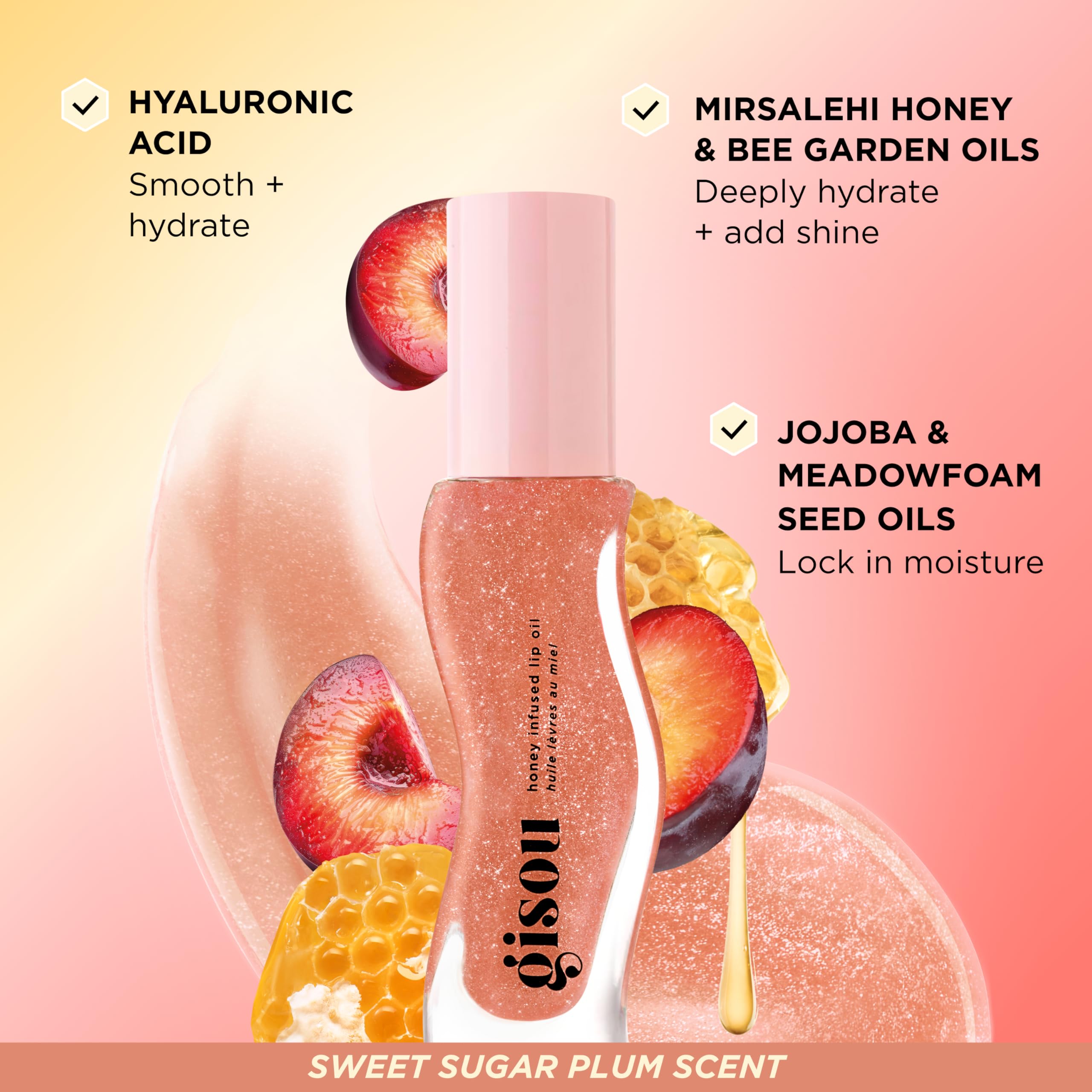Gisou Honey Infused Hydrating Lip Oil, Nourishing Lip Moisturizer for Dry Lips, 0.27 fl oz (Glazed Plum)