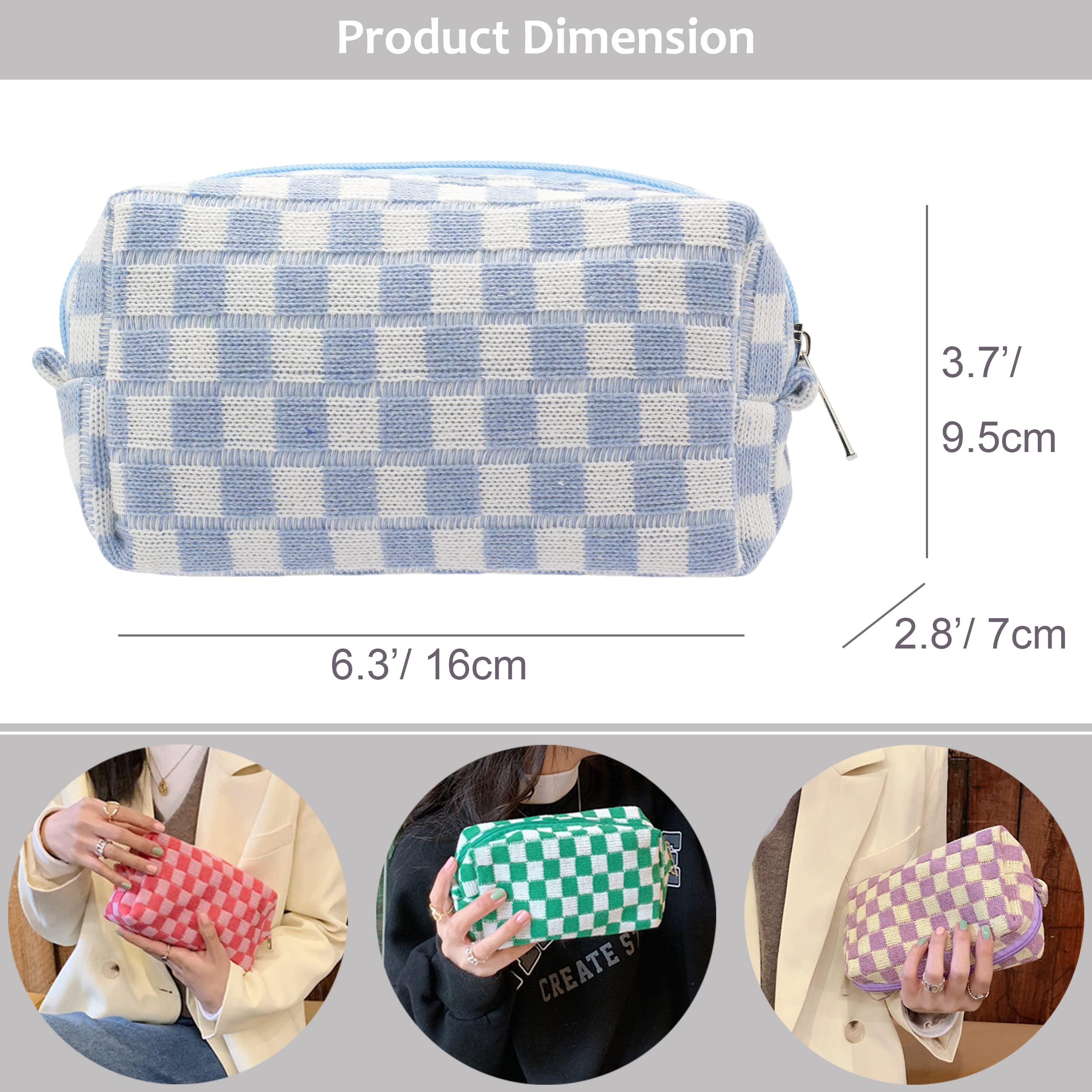 PAZIMIIK Checkered Makeup Bag for Purse Portable Zipper Make Up Pouch Small Cosmetic Case for Travel Accessories (Blue)