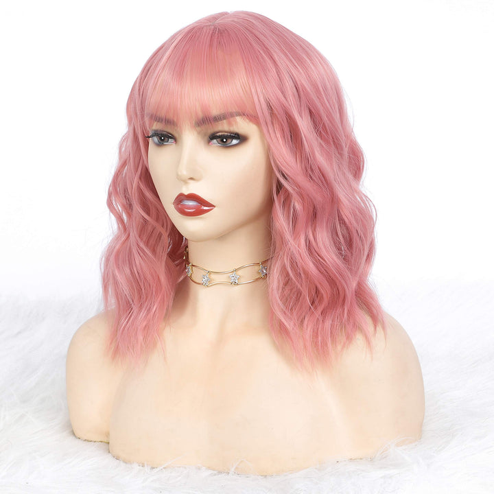 fabc, Short Wigs Pink Wavy for Women Cosplay Wigs, 12 inch Synthetic wig with Adjustment Straps and Comfortable Rose Net Inside,Best Synthetic Heat Resistant Fiber(Pink)