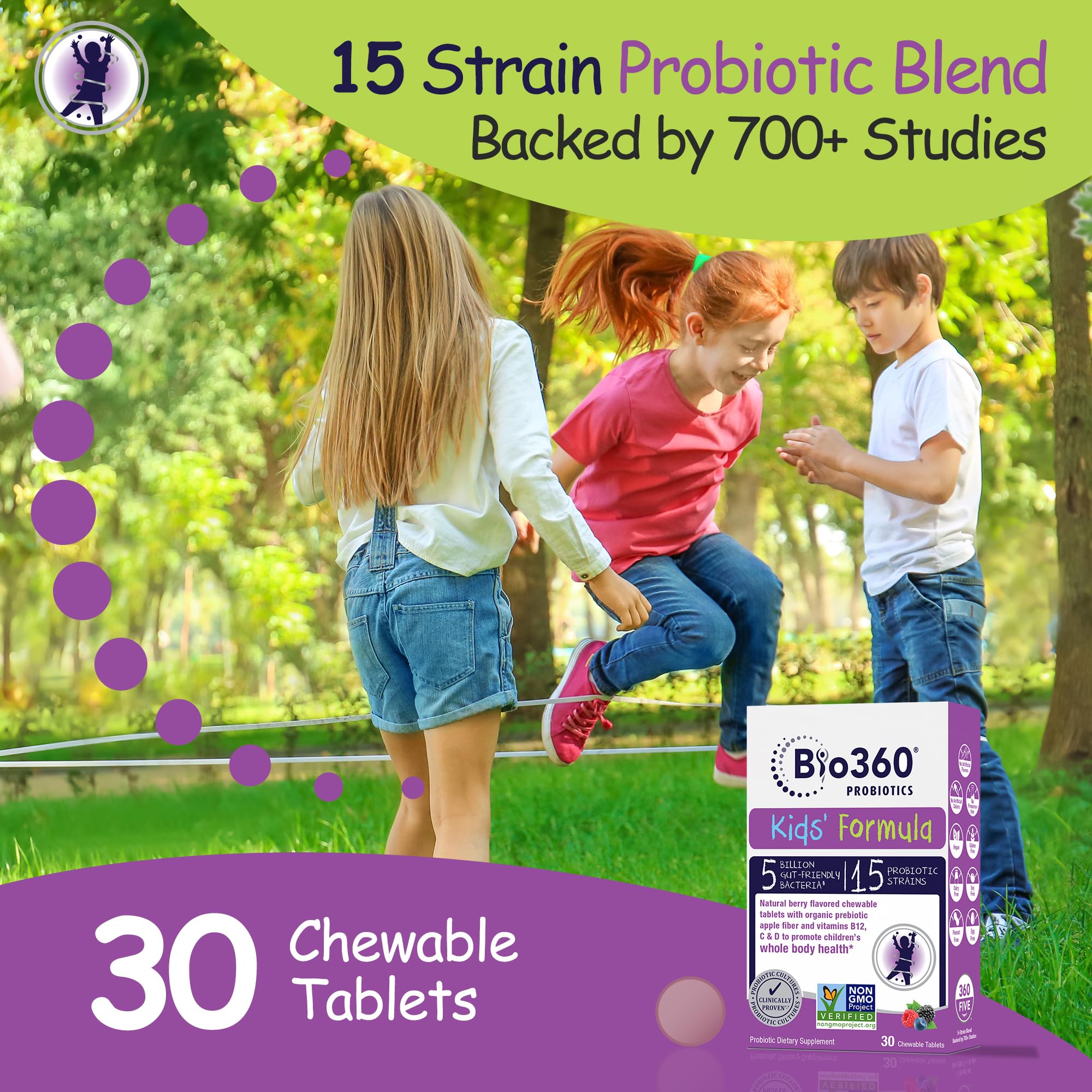 Bio360 Probiotics for Kids - 15 Strains & 5 Billion CFU Supports Brain, Immune & Digestive Health - Kids Probiotic Chewable with Organic Prebiotics for Gut & Constipation, Mixed Berry Flavor, 30 Count