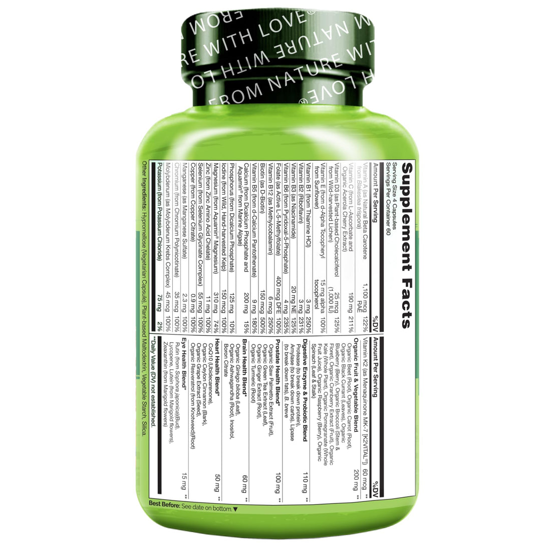 NATURELO Whole Food Multivitamin for Men 50+ - with Vitamins, Minerals, Organic Herbal Extracts - Vegan Vegetarian - for Energy, Brain, Heart and Eye Health - 240 Capsules