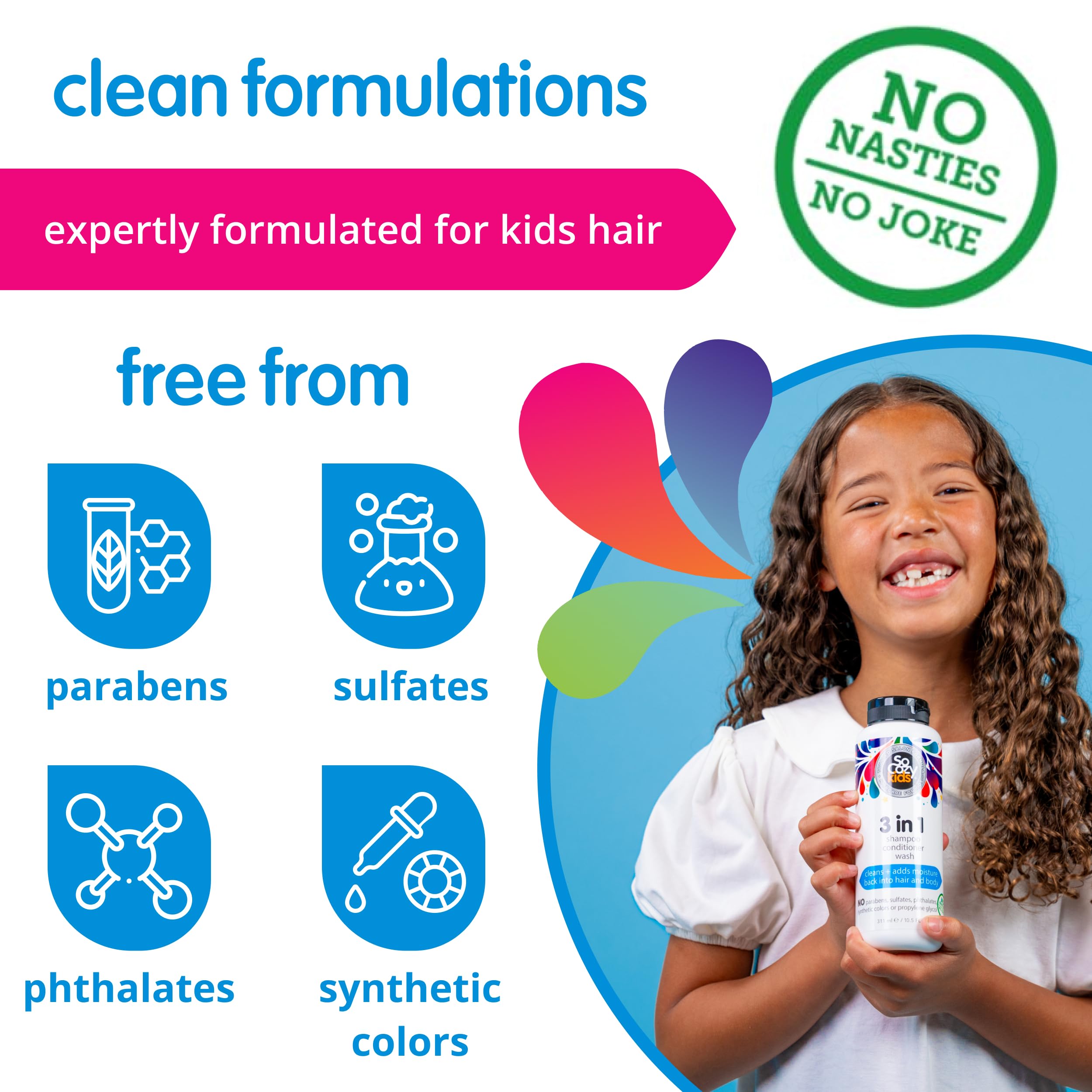 SoCozy 3in1 Shampoo + Conditioner + Body Wash For Kids Hair Cleans and Adds Moisture Back, Kiwi, 16 Fl Oz