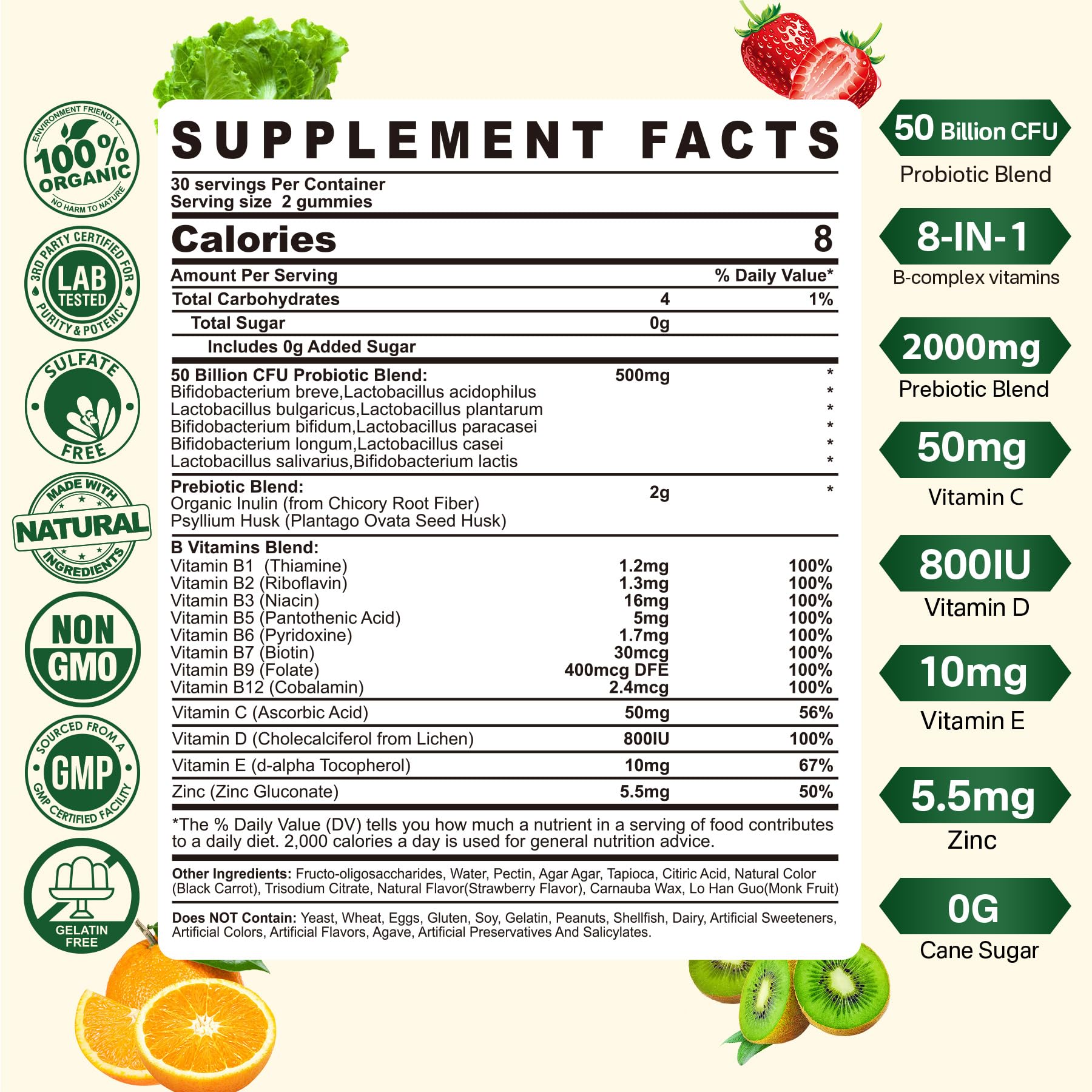 Probiotics Gummies for Women & Men - Fiber Probiotics Gummies with Prebiotics | 50 Billion CFUs Probiotics, Inulin, Psyllium Husk & Multivitamin for Gut, Digestion & Immune Health, Vegan, 2 PACK