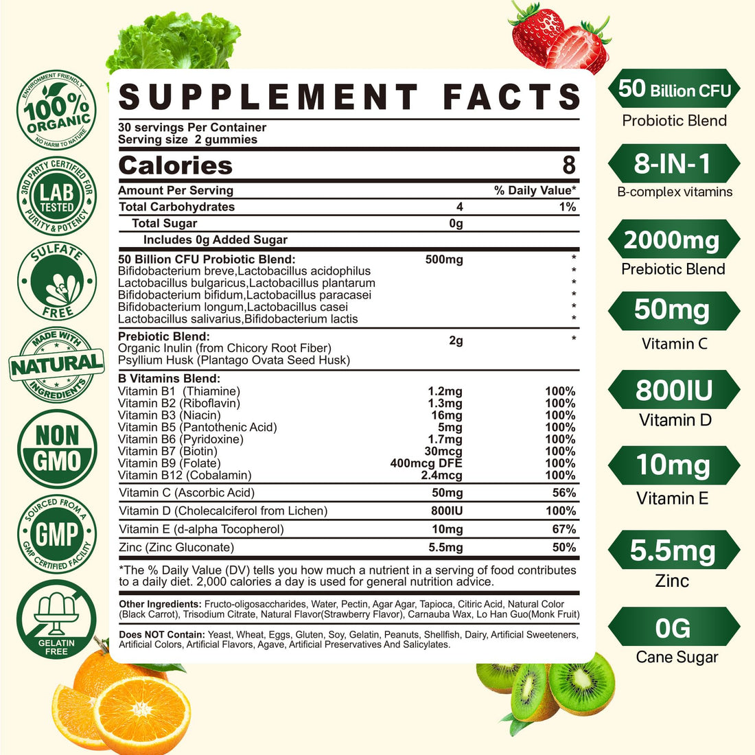 Probiotics Gummies for Women & Men - Fiber Probiotics Gummies with Prebiotics | 50 Billion CFUs Probiotics, Inulin, Psyllium Husk & Multivitamin for Gut, Digestion & Immune Health, Vegan, 2 PACK