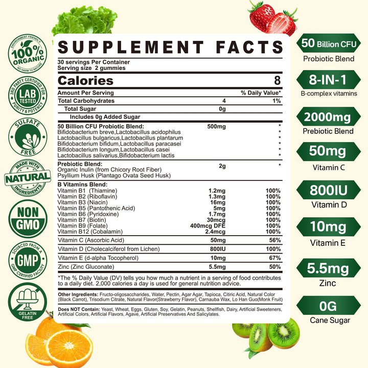 Probiotics Gummies for Women & Men - Fiber Probiotics Gummies with Prebiotics | 50 Billion CFUs Probiotics, Inulin, Psyllium Husk & Multivitamin for Gut, Digestion & Immune Health, Vegan, 2 PACK