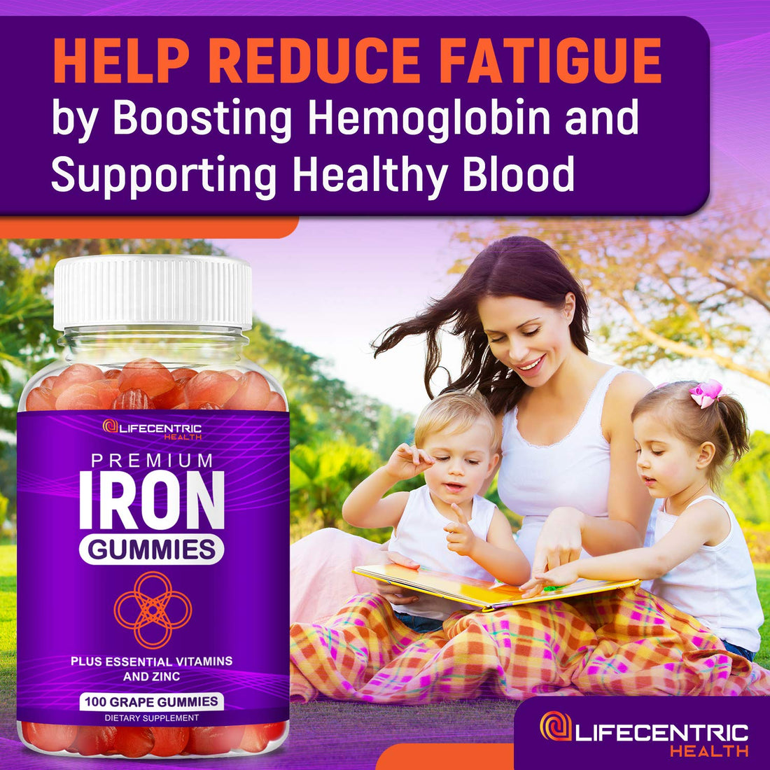LifeCentricHealth Iron Gummies for Adults & Kids | Biotin Zinc Vitamin B Folic Acid Gummies | Vegan Gluten Free Blood Builder Anemia Supplements | Tasty Energy Boosting Iron Supplement for Women & Men