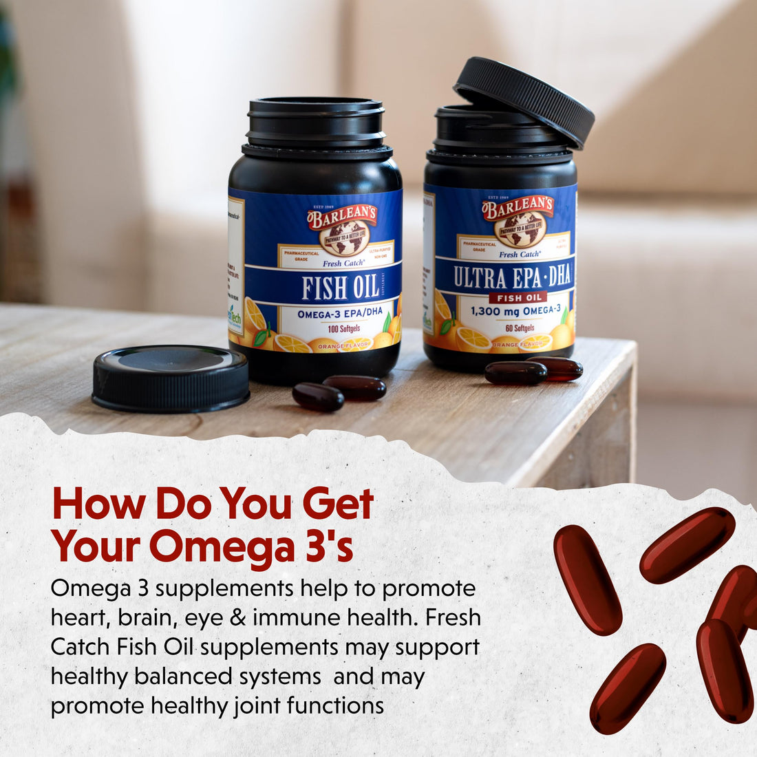 Barlean's Fish Oil Omega 3 Supplement, EPA & DHA Fatty Acid Softgels for Joint, Brain, & Heart Health, 600mg Orange Flavored Fish Oil Pills, 100 Count