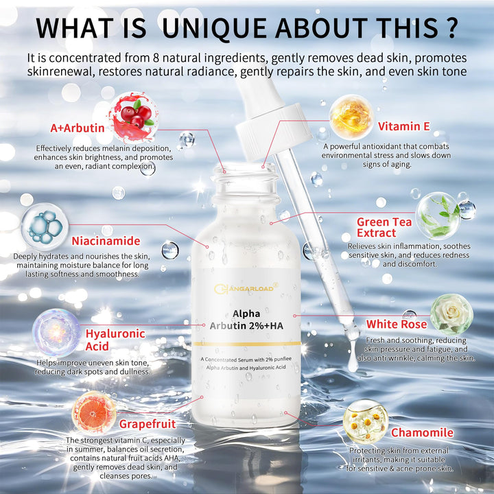 Alpha Arbutin 2% Serum for Dark Spots, Acne Scars, Pore Minimizer, Hydration & Removing Pigmentation - Hyaluronic Acid Serum, 2 Pcs 60 ML- 2 Fl Oz