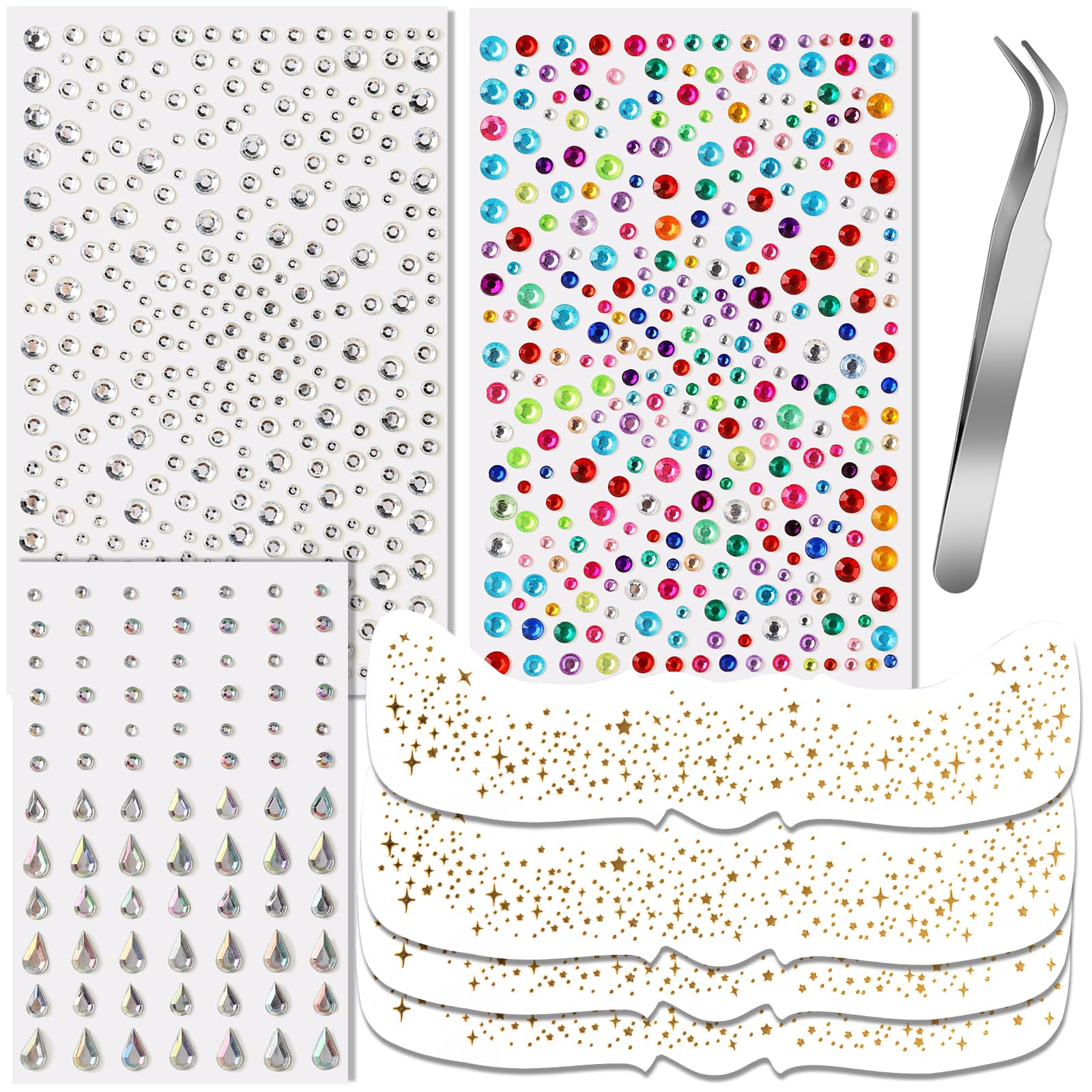 Teenitor Face Gems and Face Glitter Freckles Kit, 4pcs Gold Sparkle Freckles Face Tattoo and 3pcs Face Rhinestones for Makeup, Face Glitter Tattoos, Rhinestone Face Jewels for Women