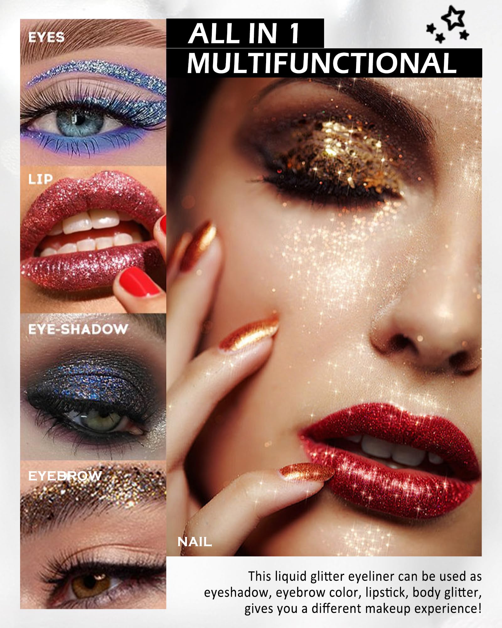 Caedelfly Metallic Shimmer Glitter Eyeliner, Liquid Gel Eyeshadow - Waterproof, Long Wearing, Smudge-Proof, Ultra-Fine Tip - Gold Sparkling Eye Glitter Makeup-05