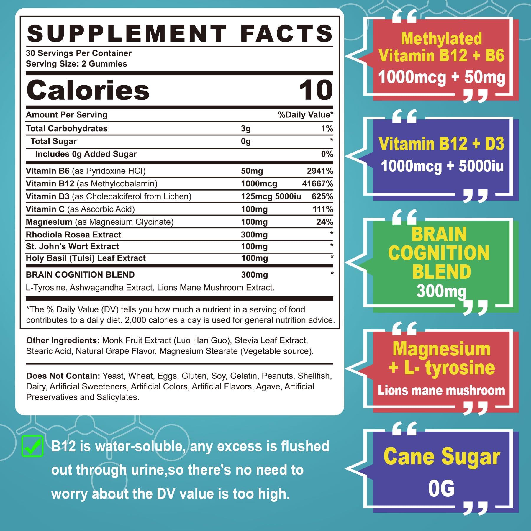 Focus Memory & Energy Gummies, L-Tyrosine + Methyl B12 1000mcg, B6 50mg, D3 C, Lion's Mane Mushroom, for 15+ Students, Office Worker, Multivitamin, Herb Blend for Seniors Brain & Cognition, Sugar Free