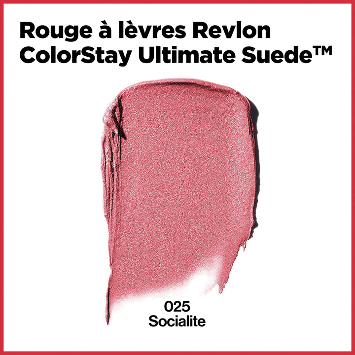 REVLON Lipstick, ColorStay Ultimate Suede Lipstick, High Impact Lip color with Moisturizing Creamy Formula, Infused with Vitamin E, 025 Socialite, 0.09 Oz