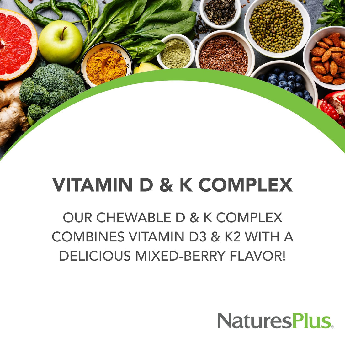 Natures Plus D & K Complex - 60 Mixed Berry Chewables - Supports Calcium Metabolism - Vegetarian, Non-GMO, Gluten Free, Soy Free - 60 Servings