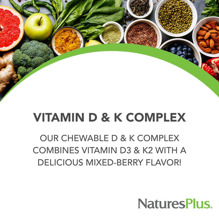Natures Plus D & K Complex - 60 Mixed Berry Chewables - Supports Calcium Metabolism - Vegetarian, Non-GMO, Gluten Free, Soy Free - 60 Servings