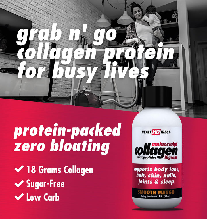 Health Direct – Medical-Grade Liquid Collagen Shots – AminoSculpt Sugar-Free – Smooth Mango – 12 Servings, (12pk, 2oz Shots) – Good for Joints, Bones, & Sleep – Better Hair, Skin & Nails