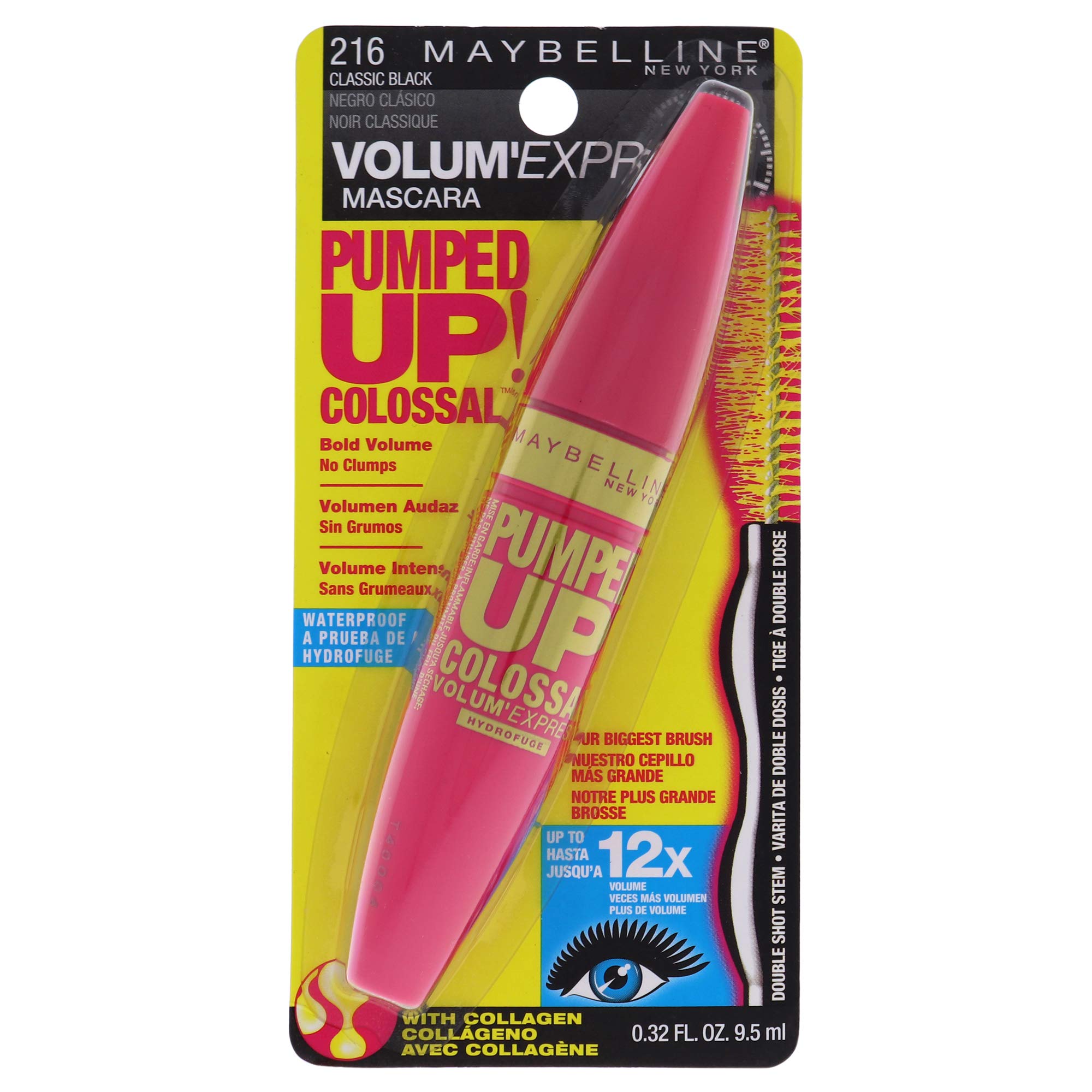 Maybelline New York Volum' Express Pumped Up! Colossal Waterproof Mascara, Classic Black, 0.32 Fl Oz, (K1569200)