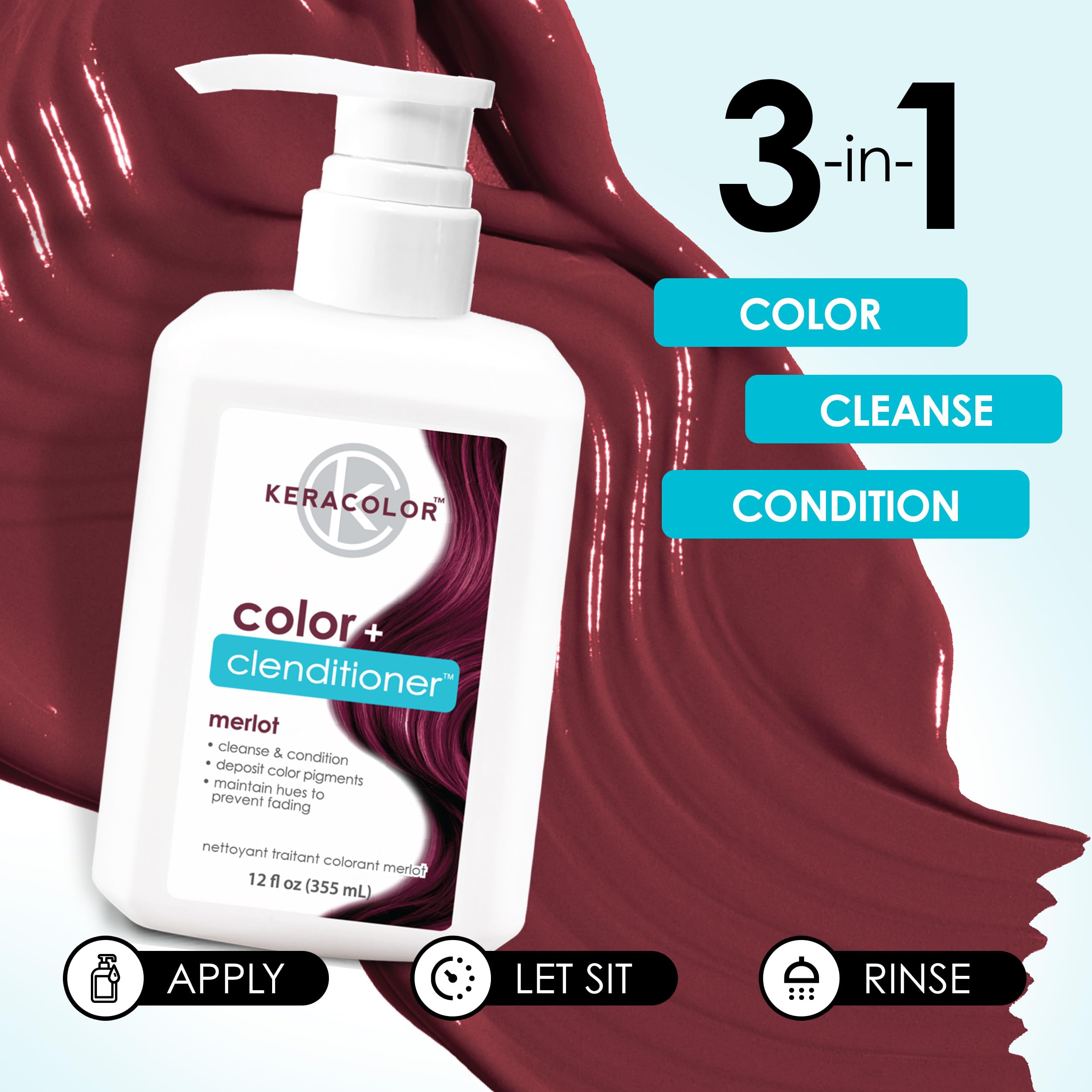 Keracolor Color + Clenditioner 3-in-1 Color-Depositing Conditioner, Gently Cleanses & Conditions, Semi-Permanent Merlot Hair Color, 12 Fl Oz