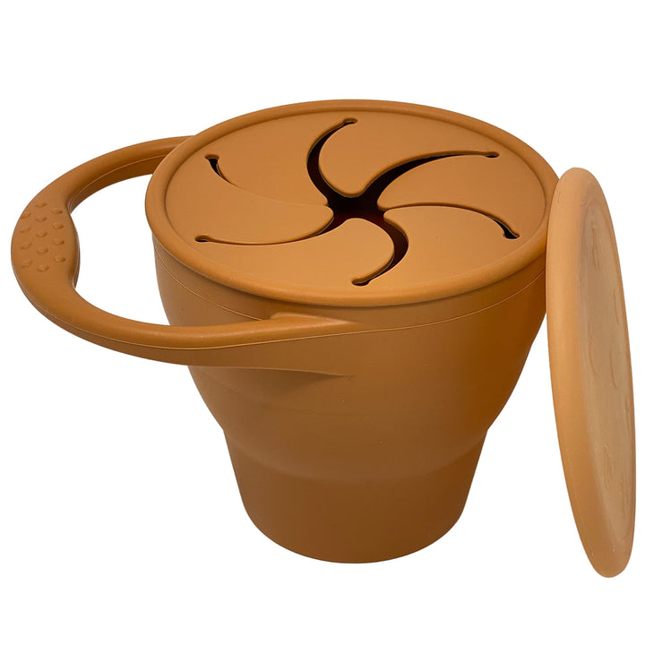BraveJusticeKidsCo | Snack Attack Snack Cup | Collapsible Silicone Snack Container | Toddler and Baby Snack Catcher Lid (Honey Ginger)