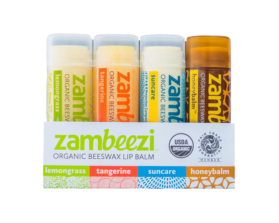 ZAMBEEZI Fair Trade, Organic Beeswax Lip Balm - Variety 4 Pack (Lemongrass, Tangerine, Suncare and Honeybalm) - Ethically Sourced