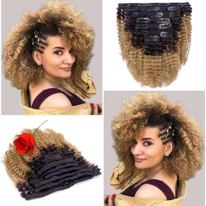 Anrosa Kinkys Curly Clip in Hair Extensions Human Hair 3C 4A Afro Kinky Curly Clip ins Natural Hair Real Remy Thick Human Hair Extensions for Black Women (14 inch, Ombre #1B/27)