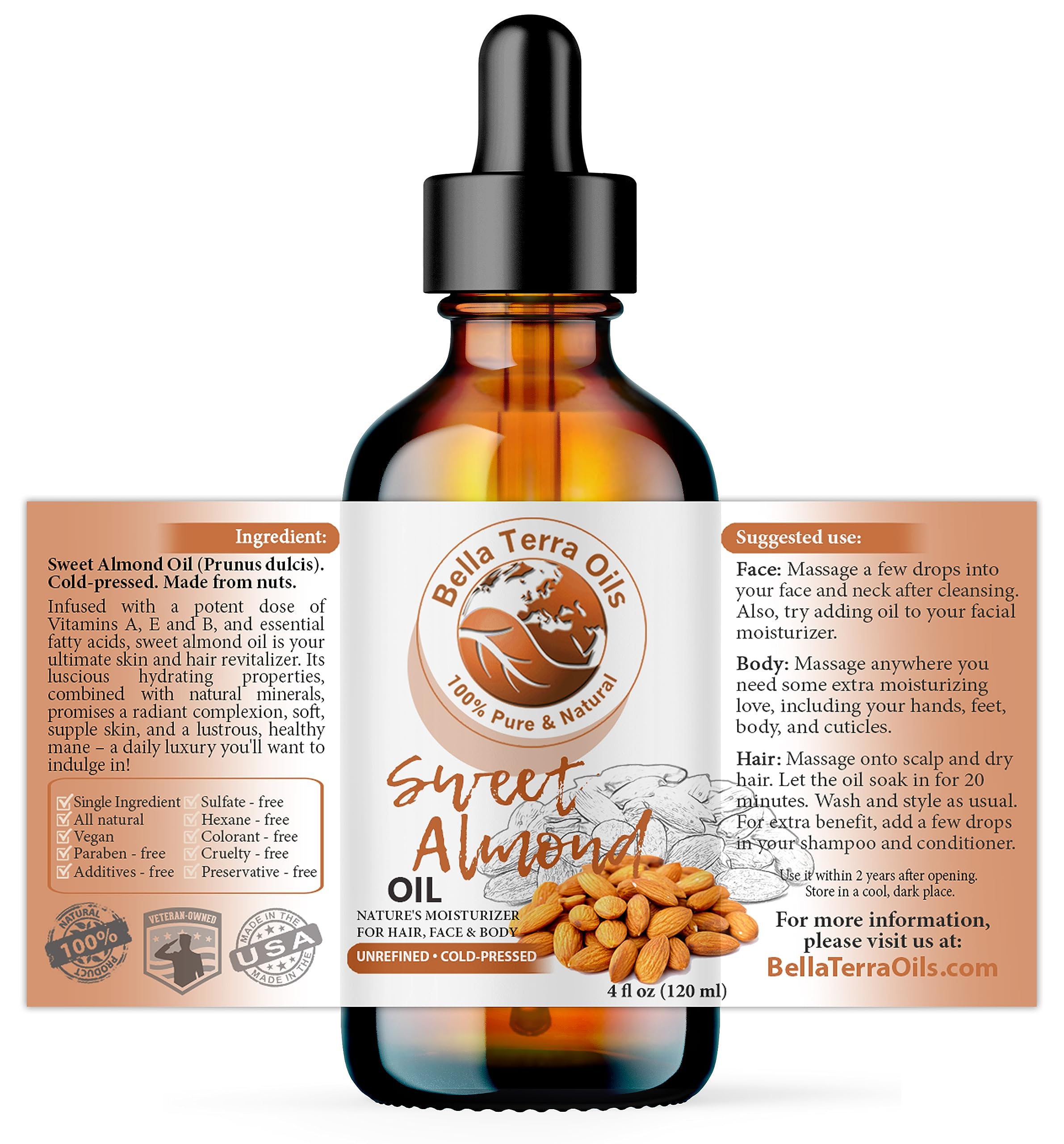 NEW Sweet Almond Oil. 4oz. Cold-pressed. Unrefined. Organic. 100% Pure. Pasteurized. Hexane-free. Fights Wrinkles. Softens Hair. Natural Moisturizer. For Hair, Face, Body, Nails, Beard, Stretch Marks.