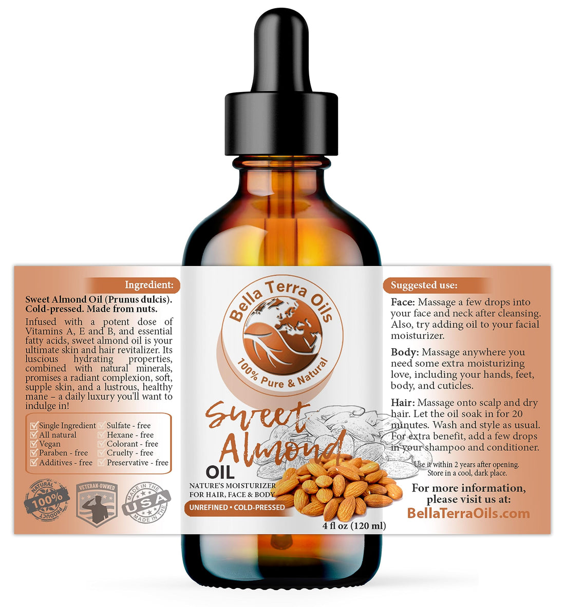 NEW Sweet Almond Oil. 4oz. Cold-pressed. Unrefined. Organic. 100% Pure. Pasteurized. Hexane-free. Fights Wrinkles. Softens Hair. Natural Moisturizer. For Hair, Face, Body, Nails, Beard, Stretch Marks.