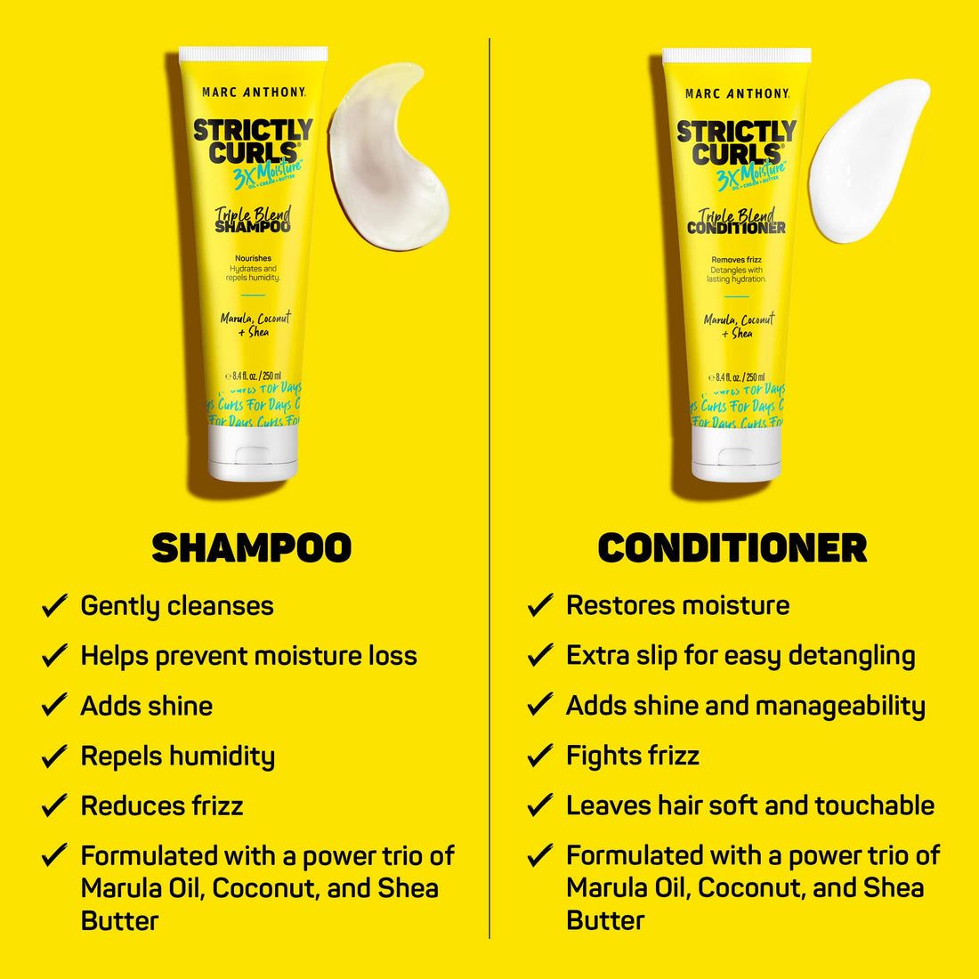 Marc Anthony Strictly Curls 3x Moisture Deep Shampoo & Conditioner for Curl Defining & Anti Frizz - Shea Butter, Marula Oil, Aloe & Coconut Oil - Sulfate Free Color Safe for Dry Damaged Curly Hair