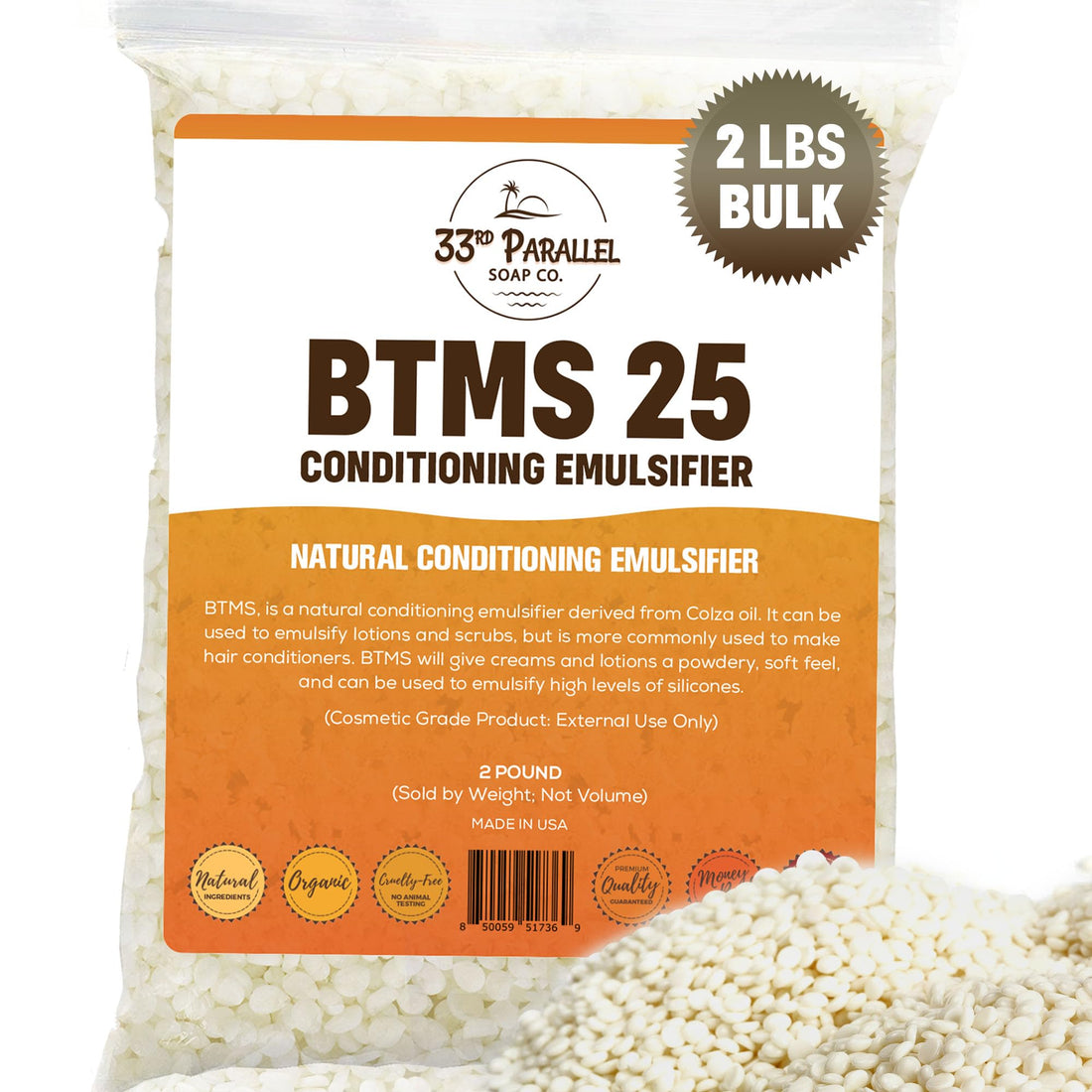 33RD PARALLEL | BTMS 25 (2 lbs / 32 oz) Bulk Conditioning Emulsifier | Behentrimonium Methosulfate Cetearyl Alcohol Emulsifying Conditioner | (2 POUNDS)