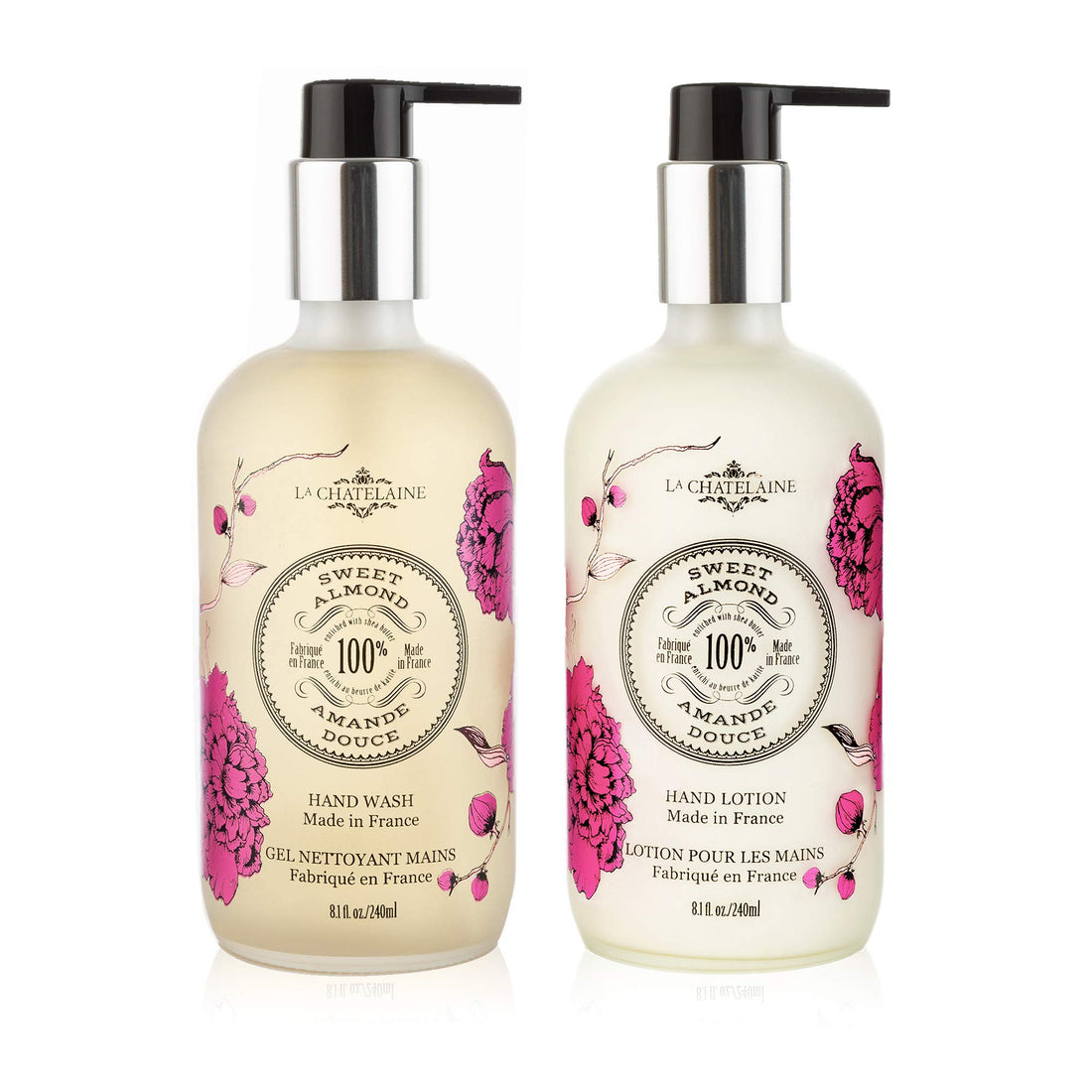 La Chatelaine Hand Wash & Lotion Set | Frosted Glass Bottles 8.1 oz. (Sweet Almond)