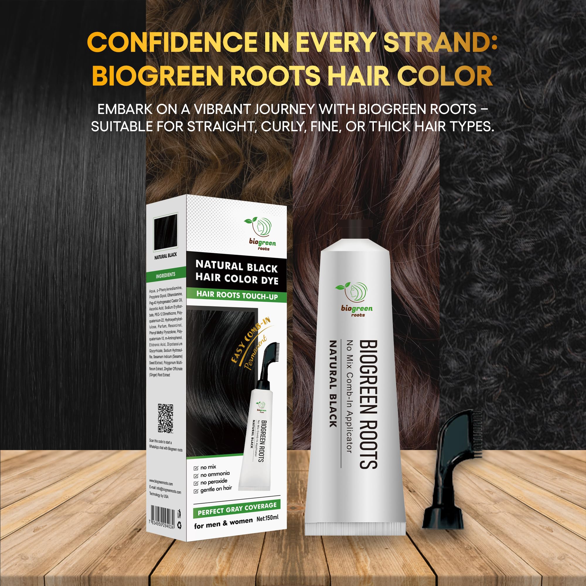 Biogreen Roots Ammonia-Free Herbal Hair Shampoo - Effectively Covers Gray Hair for Men and Women - Natural Color and Herbal Nourishment - No Stain on Skin - Natural Black (150 ml)