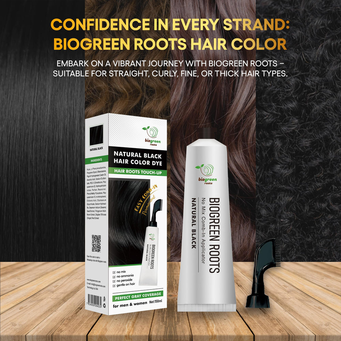Biogreen Roots Ammonia-Free Herbal Hair Shampoo - Effectively Covers Gray Hair for Men and Women - Natural Color and Herbal Nourishment - No Stain on Skin - Natural Black (150 ml)