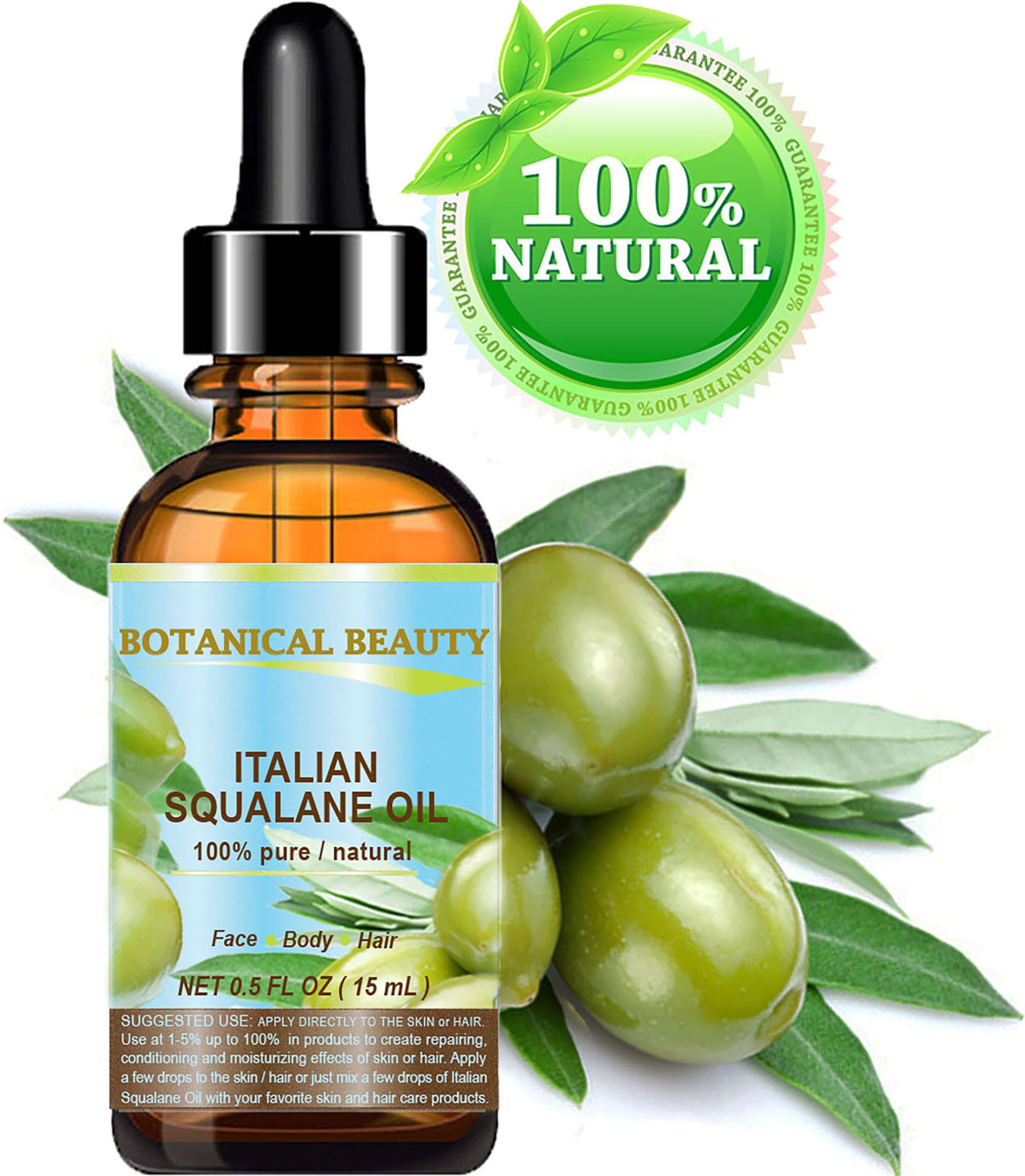 Botanical Beauty SQUALANE Italian Olive 100% Pure Natural Undiluted Oil. 0.5 fl.oz- 15 ml. 100% Ultra-Pure Moisturizer for Face, Skin, Body, Hair. Reliable 24/7 Skincare Protection