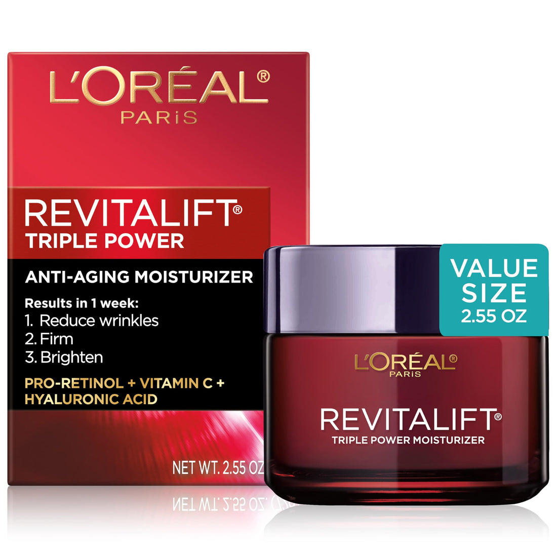 L'Oreal Paris Revitalift Triple Power Anti-Aging Face Moisturizer, Pro Retinol, Hyaluronic Acid & Vitamin C, Reduce Wrinkles 2.55 Oz