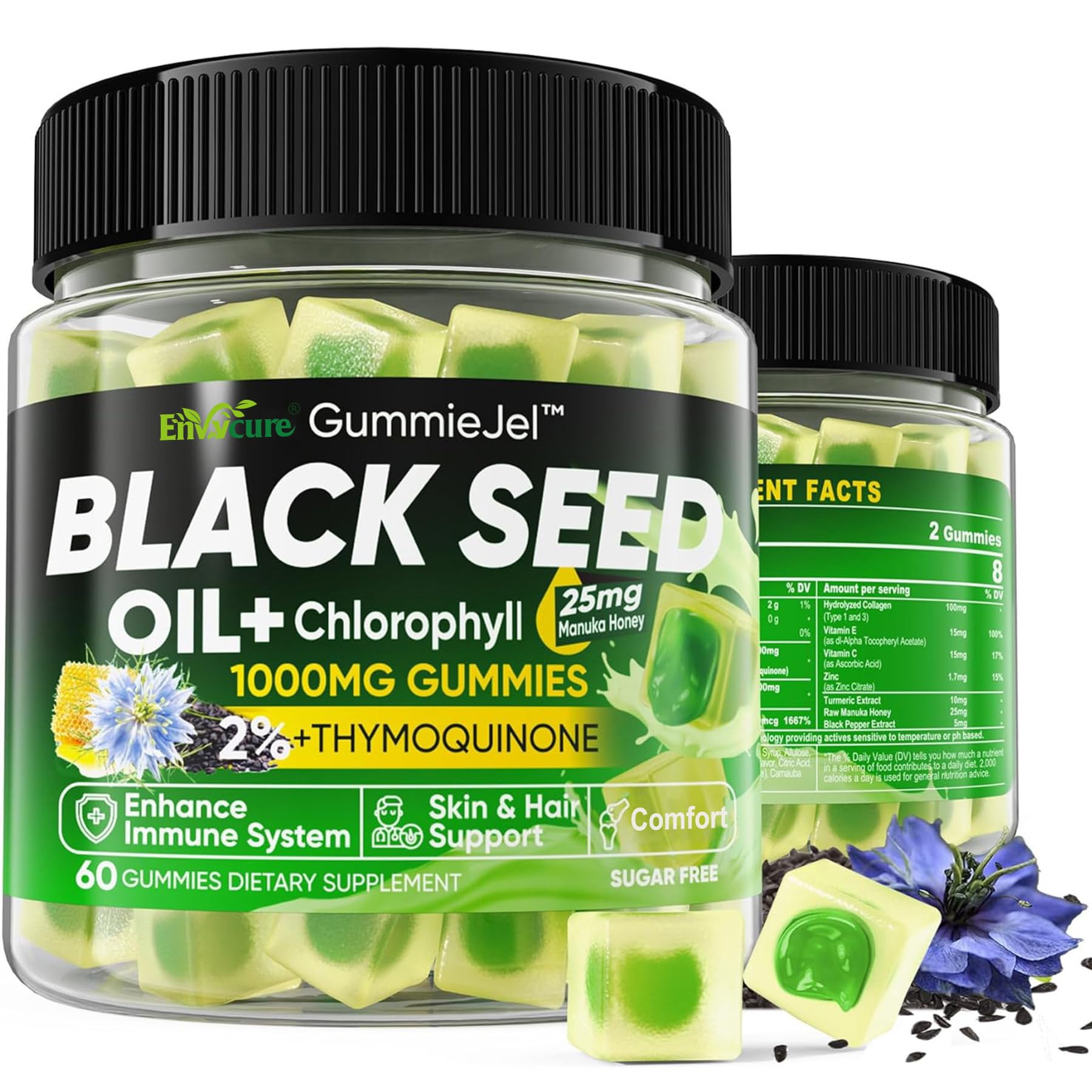Black Seed Oil Gummies & Chlorophyll, Biotin 500mcg with Hydrolyzed Collagen, Raw Manuka Honey, Organic Cold Pressed - Ultimate Absorption for Skin, Hair & Nails, Digestive, Overall Health, Sugar Free