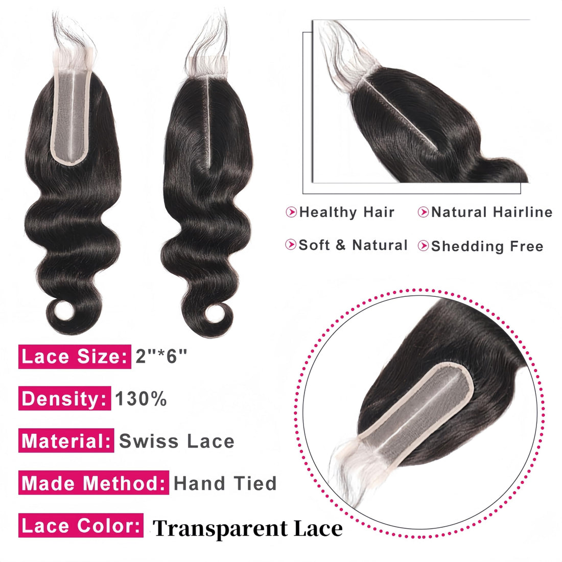 16 Inch: Risbaer Brazilian Body Wave Remy Hair 2X6 Swiss Lace Closure Natural Color High Ratio Hair Closure Human Hair Middle Part (16 Inch)