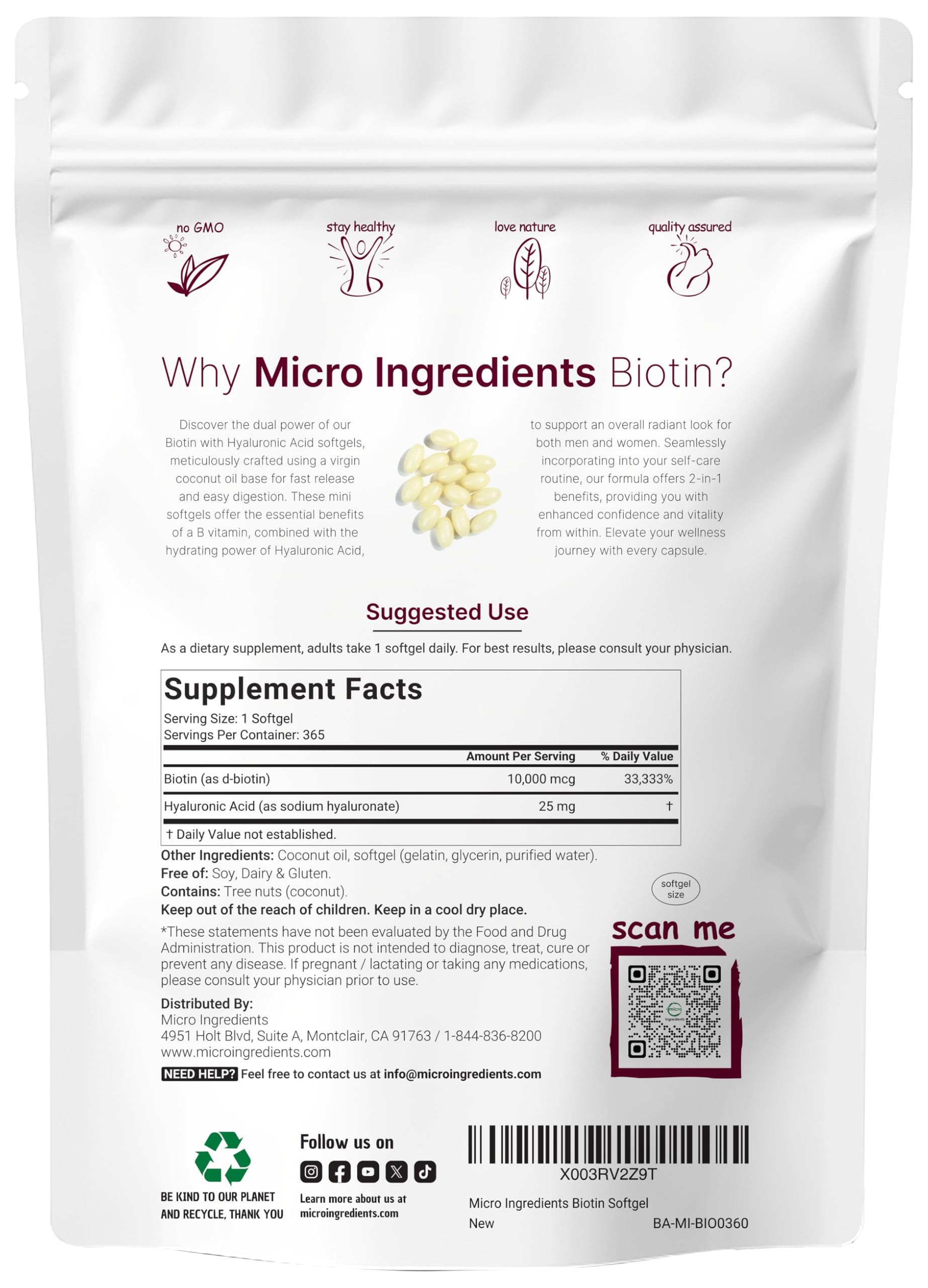 Micro Ingredients Biotin 10,000mcg w/Hyaluronic Acid 25mg | 365 Virgin Coconut Oil Softgels, Fast Release, One Year Supply, Supports Healthy Hair, Skin & Nails, Non-GMO & No Gluten