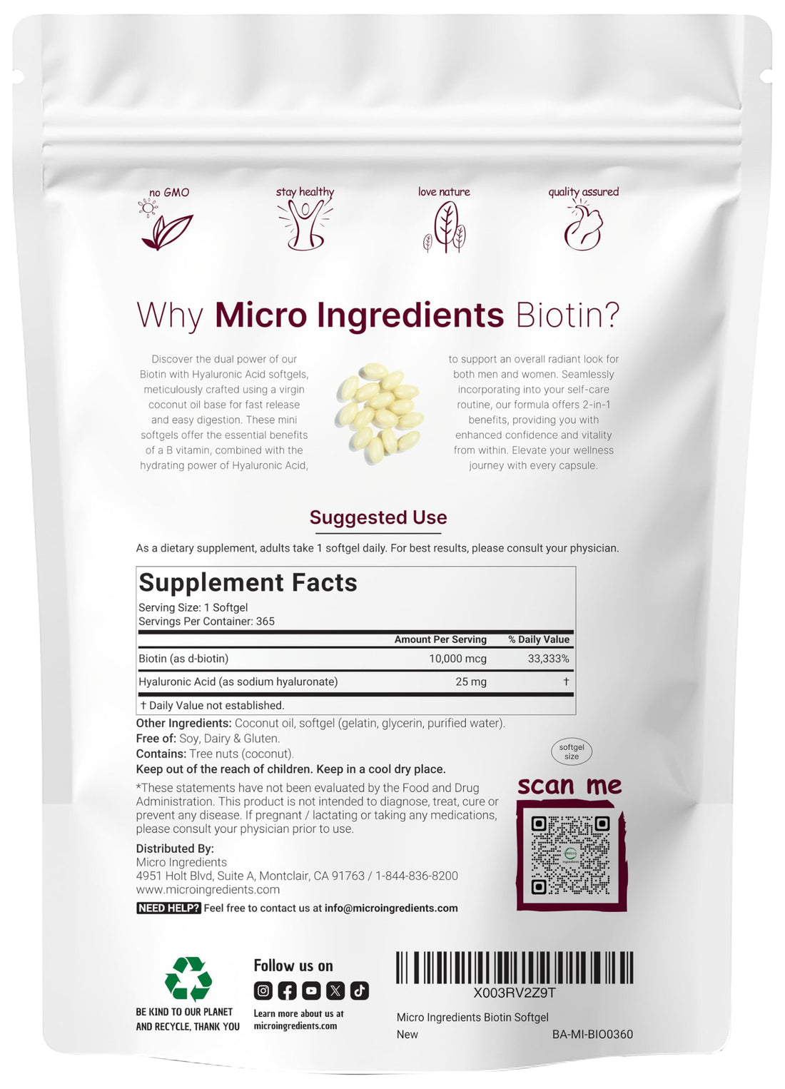 Micro Ingredients Biotin 10,000mcg w/Hyaluronic Acid 25mg | 365 Virgin Coconut Oil Softgels, Fast Release, One Year Supply, Supports Healthy Hair, Skin & Nails, Non-GMO & No Gluten