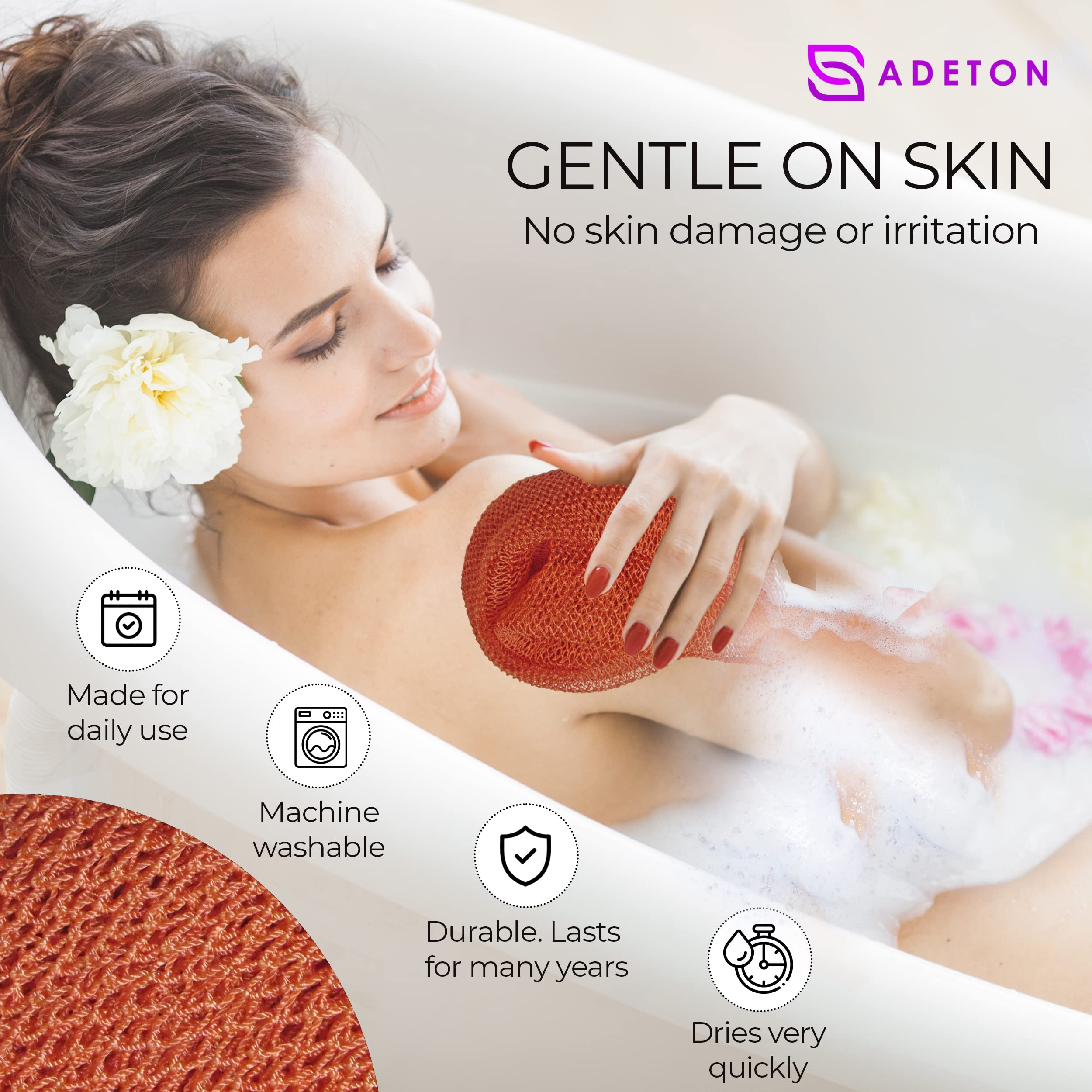 Adeton African Net Sponge, Exfoliating Body Scrubber, Body Exfoliator, Long Net Sponge, 17 Colors, Sapo, Shower Bath Accessories, Back Foot Scalp Scrub, Flat Dead Skin Remover Body Wash (Peach)