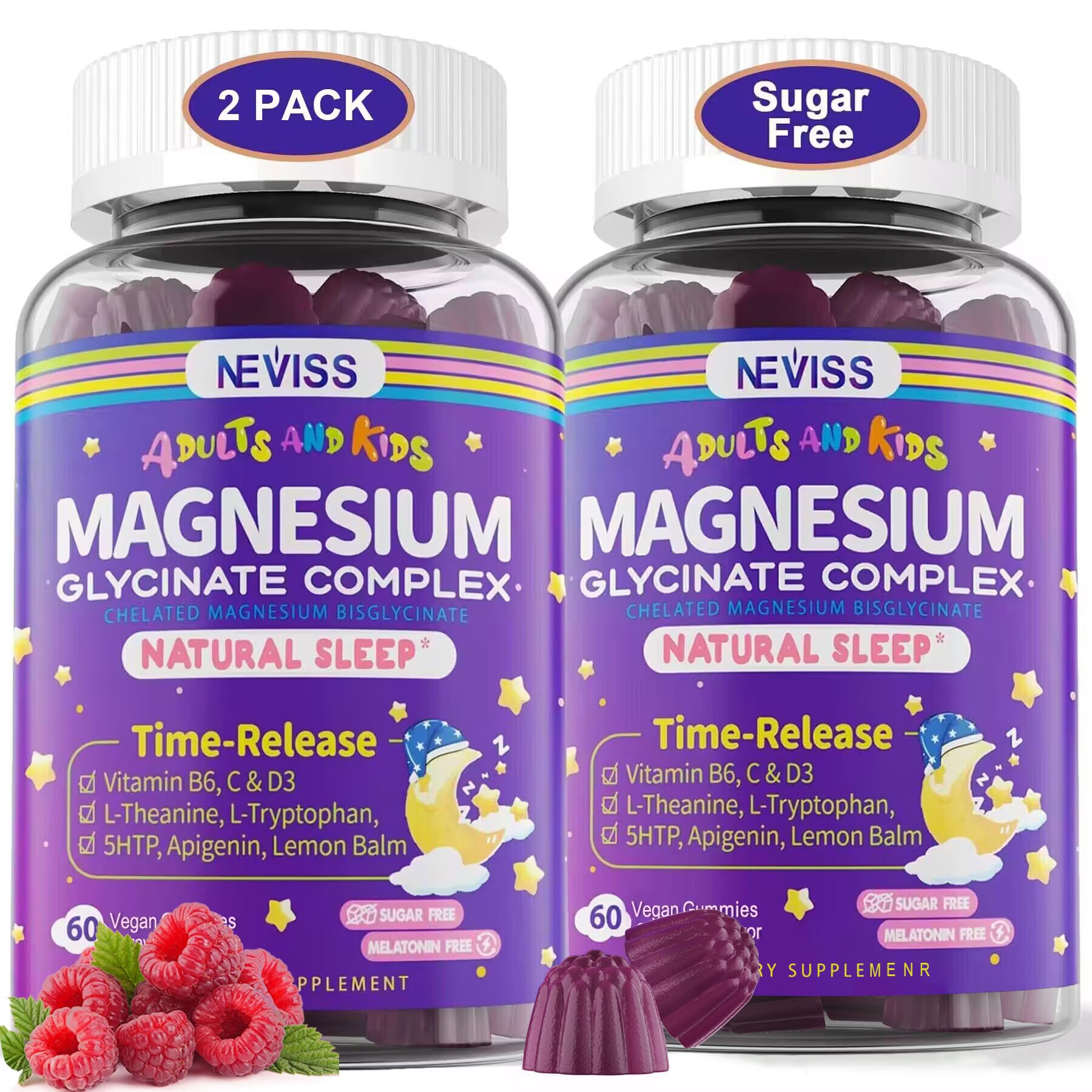 Magnesium Glycinate Gummies for Adults & Kids 4+, Sugar Free Magnesium Bisglycinate Supplement 400/200mg with B6D3, 5HTP, L-Theanine for Sleep & Relaxation, Brain, Muscle, Melatonin Free Gummies,2Pack