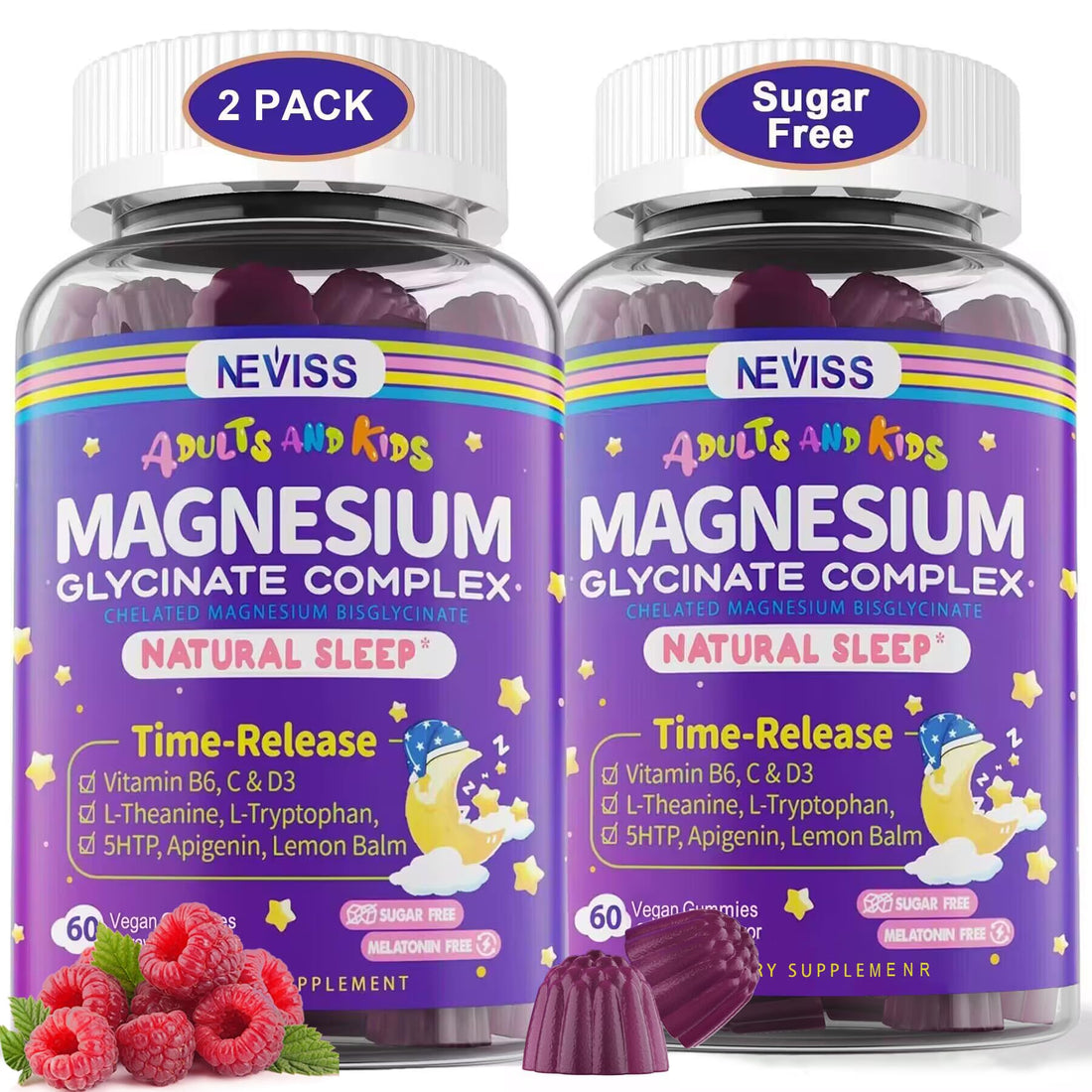 Magnesium Glycinate Gummies for Adults & Kids 4+, Sugar Free Magnesium Bisglycinate Supplement 400/200mg with B6D3, 5HTP, L-Theanine for Sleep & Relaxation, Brain, Muscle, Melatonin Free Gummies,2Pack