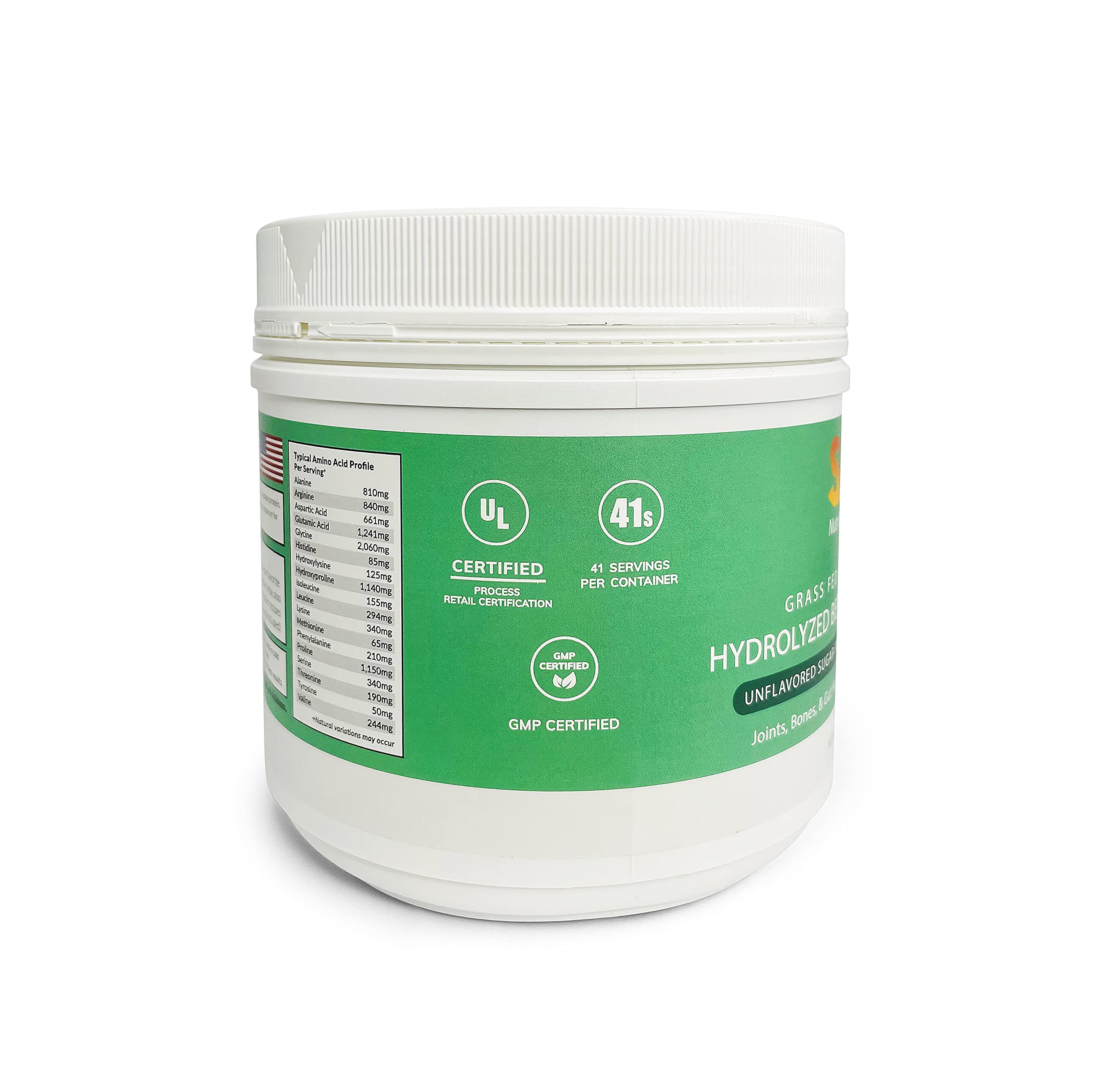 SASZ Hydrolyzed Bovine Collagen Peptides Powder 1lb Jar Clean Collagen Unflavored Grass-Fed Non-GMO Kosher Highly Soluble Protein