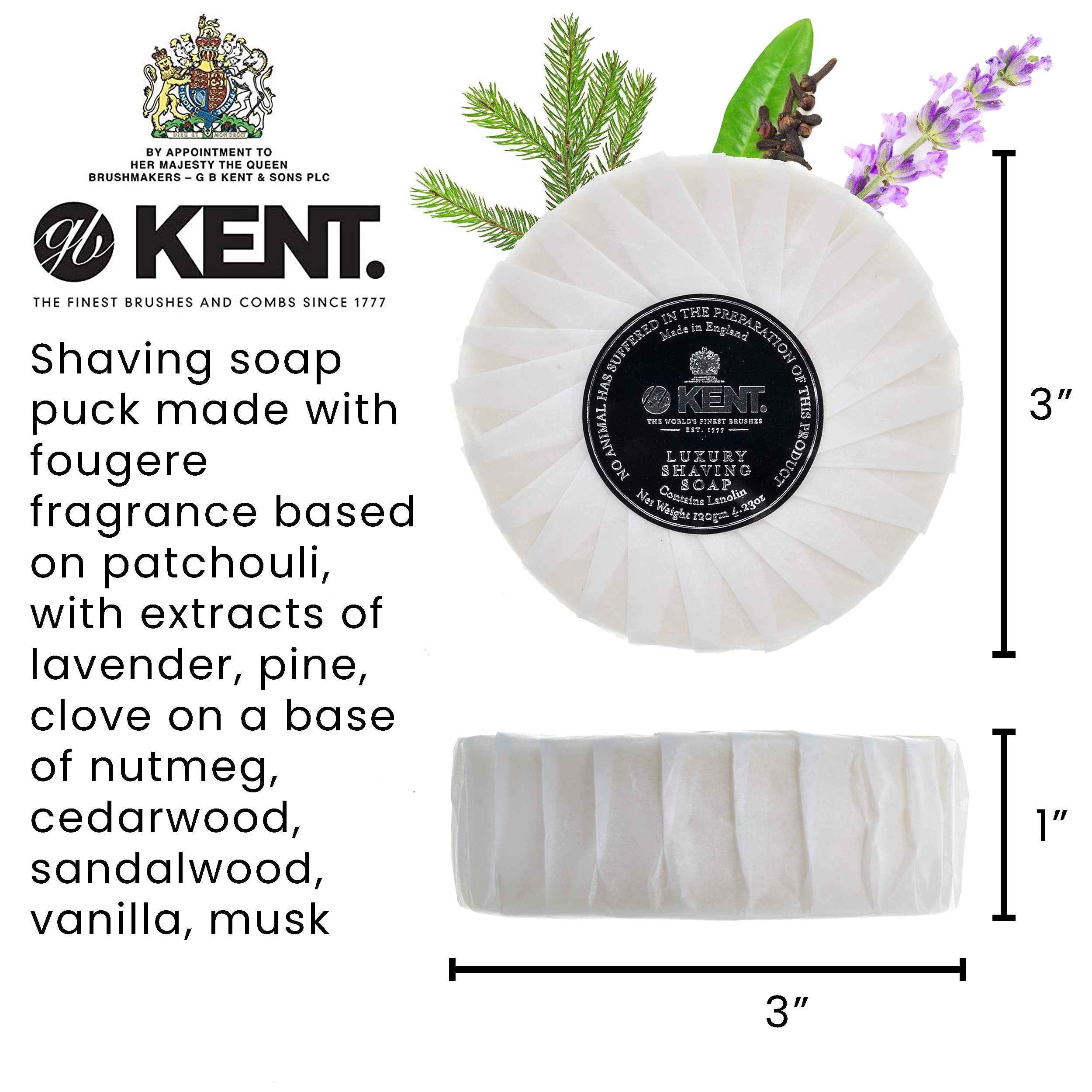 Kent SB2 Shaving Soap Puck Shaving Soap Refill for Men for Shaving Soap Bowl Use with Shaving Brush for Men, Luxury Shave Barber Soap Made with Extracts of Lavender, Pine, and Clove, Made in England