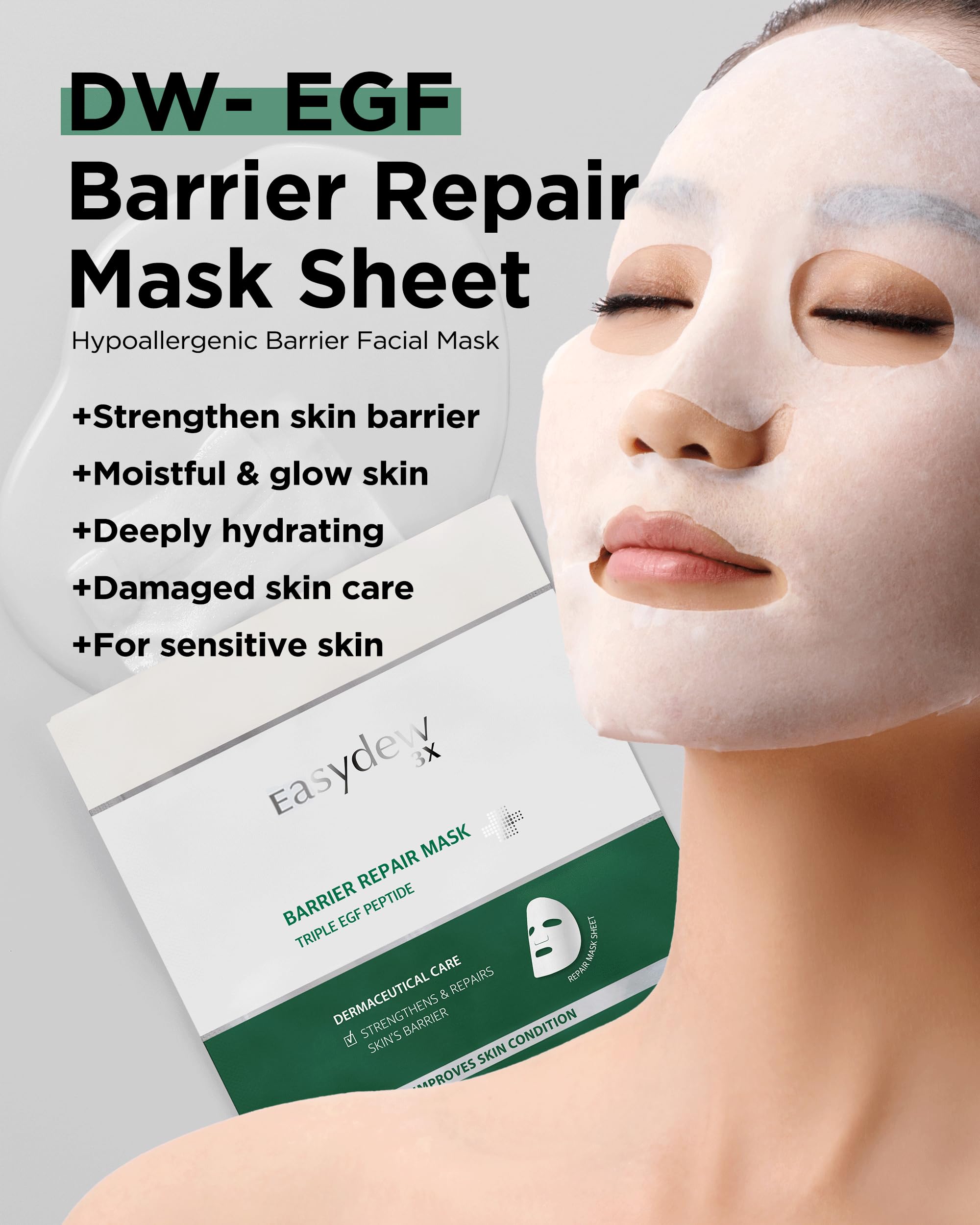 EASYDEW Barrier Repair Mask - Intense Moisture-Rich Face Mask with Revitalizing Cream Essence for Lasting Hydration with EGF Peptide, Ceramides, Hyaluronic Acid, 4 Sheets