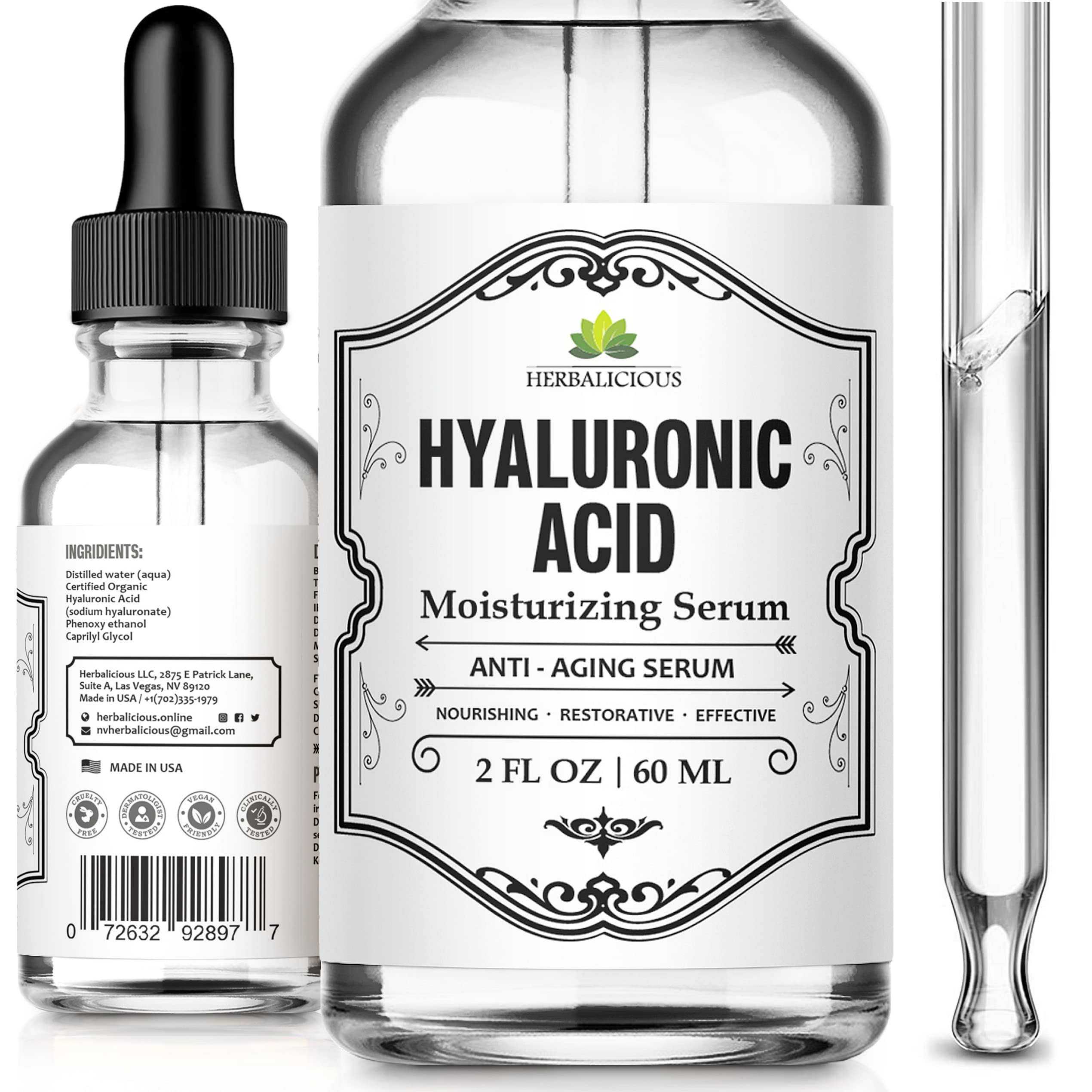Herbalicious Hyaluronic Acid Serum – Hyaluronic Acid Serum for Face – Paraben-Free Pure Hyaluronic Acid – Moisture Boost Hydrating Serum – Anti-Aging Serum for Fine Lines, Wrinkles – 2oz