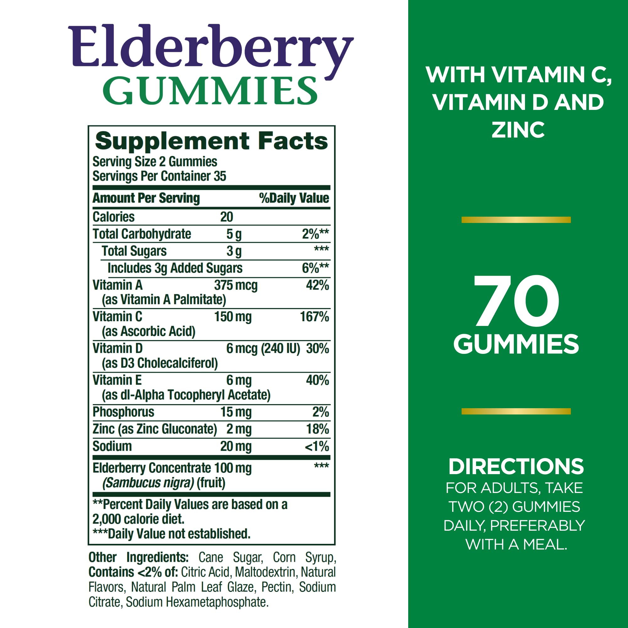 Nature's Bounty Elderberry Gummies, Dietary Supplement, Supports Immune Health, Contains Vitamin A, C, D, E and Zinc, 100 mg, 70 Gummies