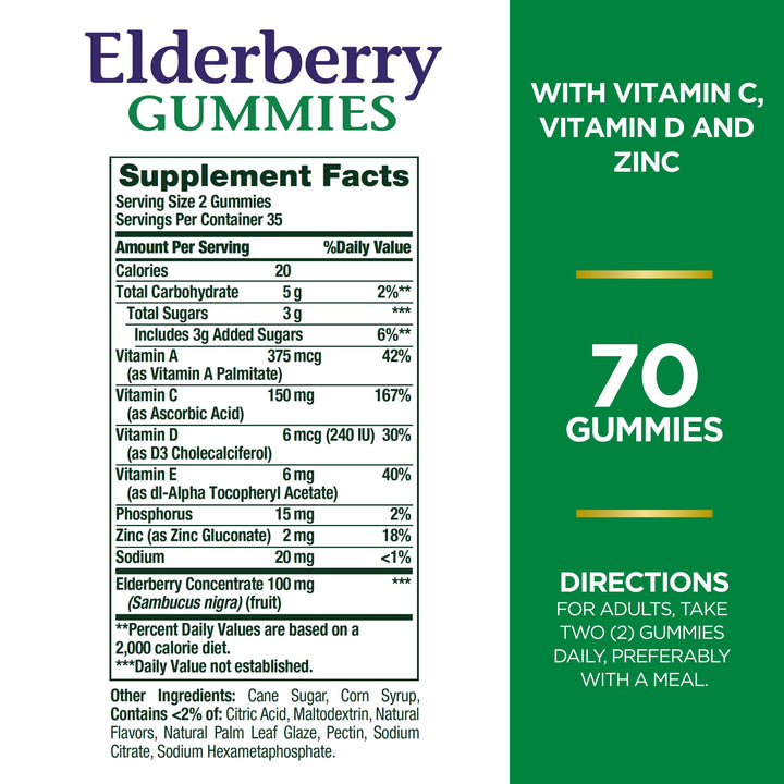Nature's Bounty Elderberry Gummies, Dietary Supplement, Supports Immune Health, Contains Vitamin A, C, D, E and Zinc, 100 mg, 70 Gummies